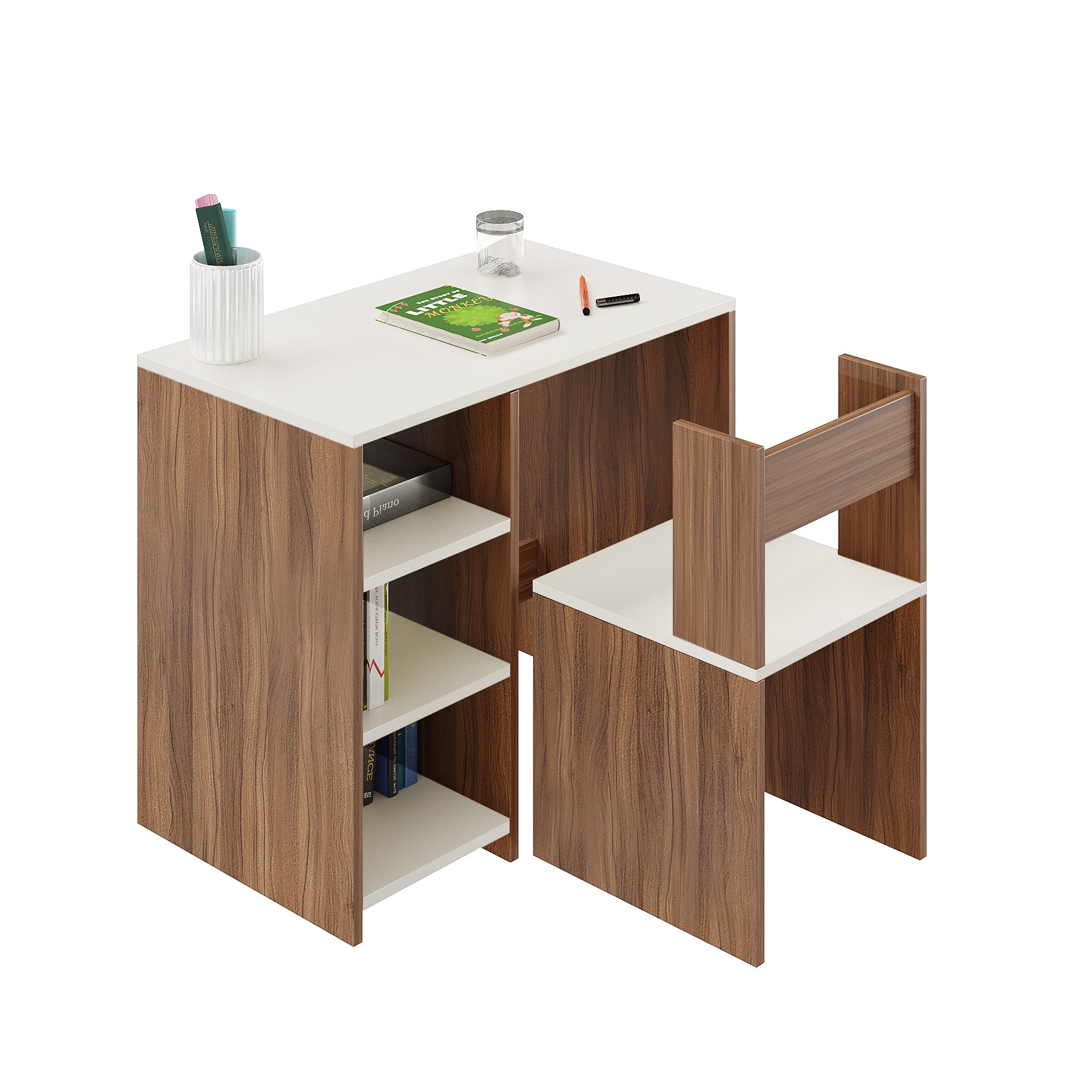 Harper Engineered Wood Light Weight Study Table & Chair Set with Storage for 3-12 Years Kids, Medium Size Kids Desk Set Upto 60kgs Weight Capacity - DIY Installation (Exotic teak & whjite)