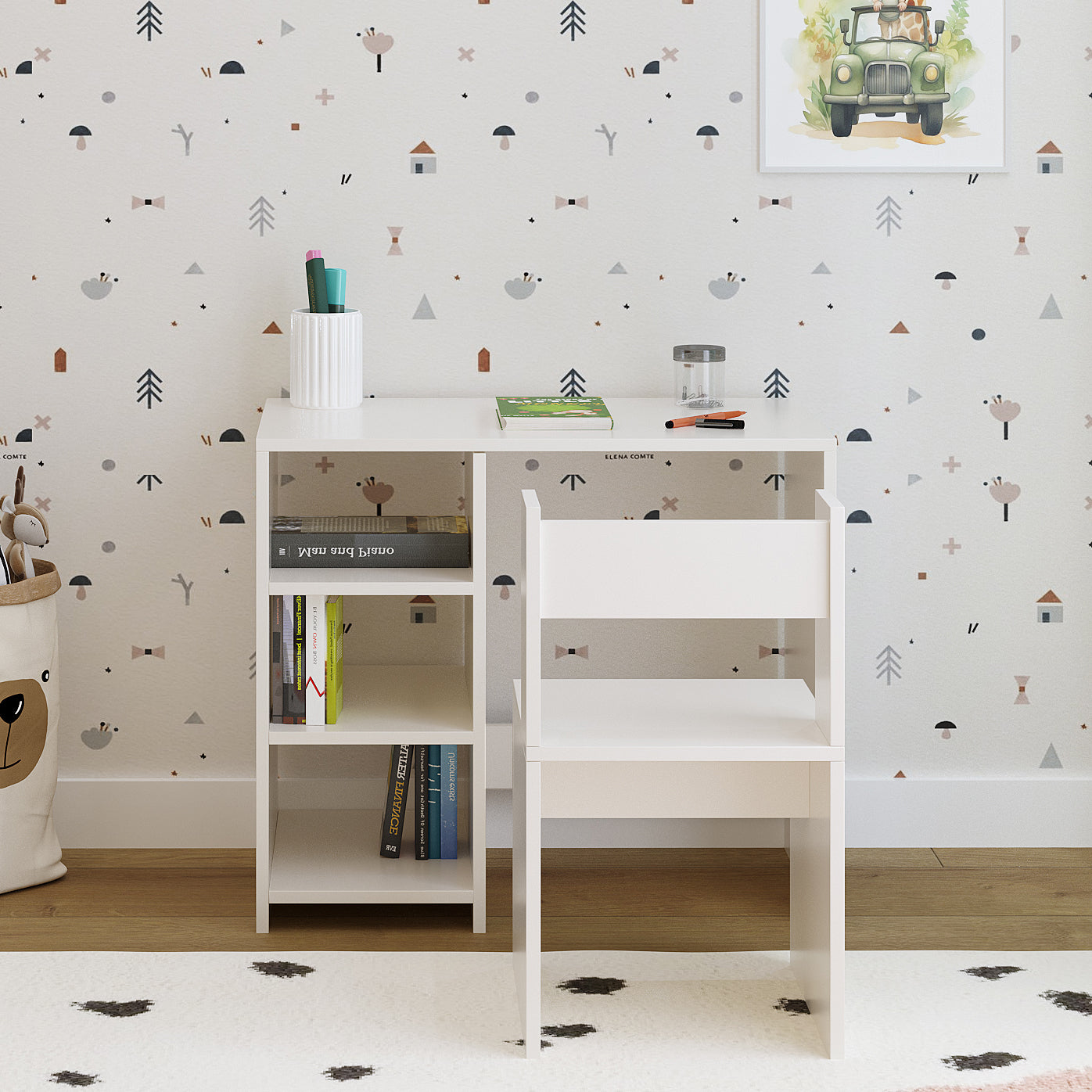 Harper Engineered Wood Light Weight Study Table & Chair Set with Storage for 3-12 Years Kids, Medium Size Kids Desk Set Upto 60kgs Weight Capacity - DIY Installation (White)