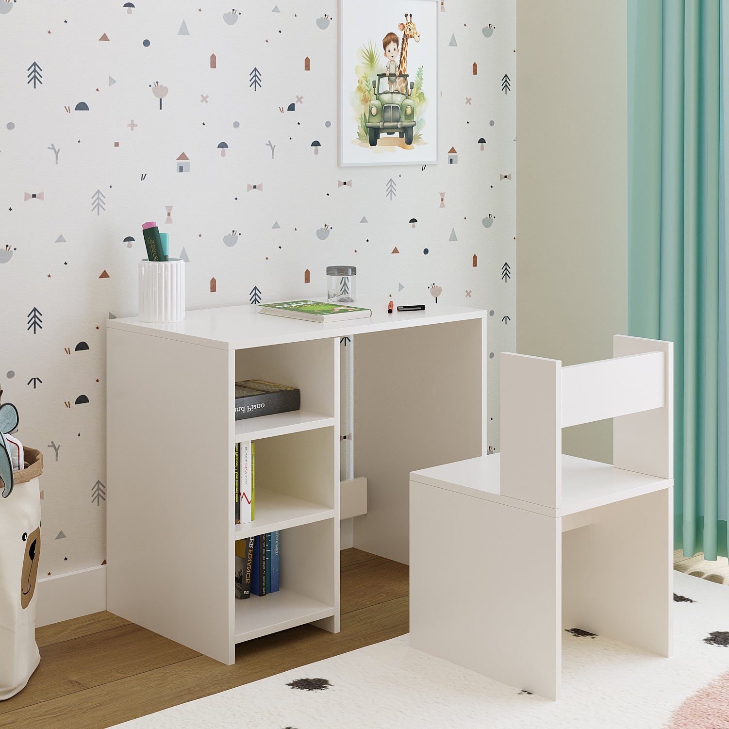 Harper Engineered Wood Light Weight Study Table & Chair Set with Storage for 3-12 Years Kids, Medium Size Kids Desk Set Upto 60kgs Weight Capacity - DIY Installation (White)