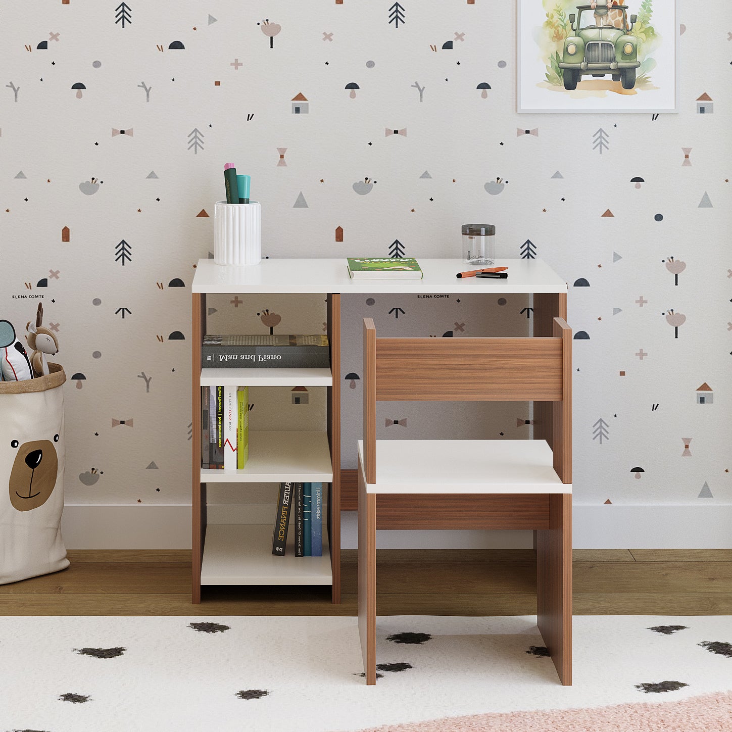 Harper Engineered Wood Light Weight Study Table & Chair Set with Storage for 3-12 Years Kids, Medium Size Kids Desk Set Upto 60kgs Weight Capacity - DIY Installation (Exotic teak & whjite)