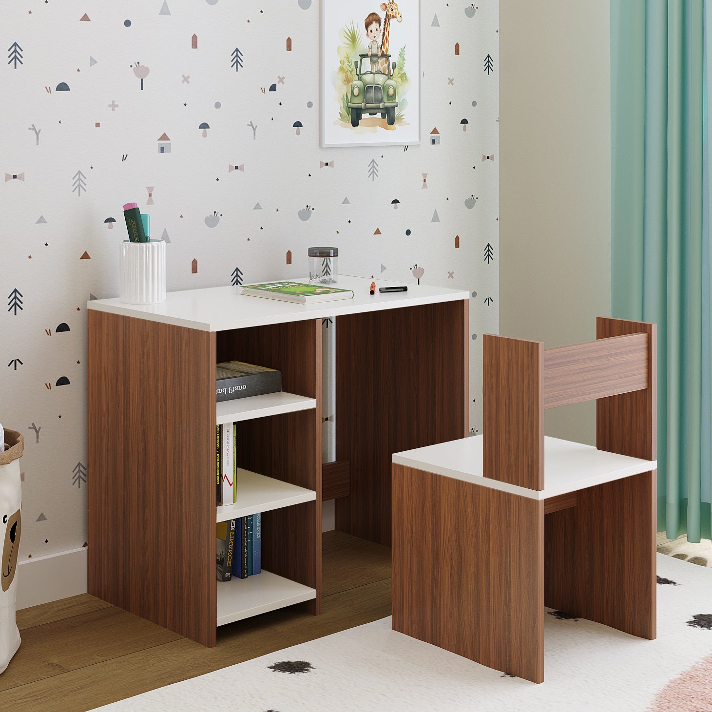 Harper Engineered Wood Light Weight Study Table & Chair Set with Storage for 3-12 Years Kids, Medium Size Kids Desk Set Upto 60kgs Weight Capacity - DIY Installation (Exotic teak & whjite)