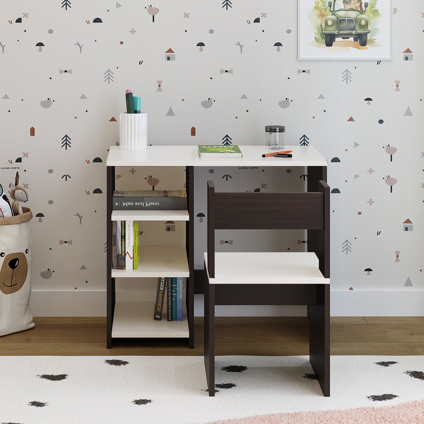 Harper Engineered Wood Light Weight Study Table & Chair Set with Storage for 3-12 Years Kids, Medium Size Kids Desk Set Upto 60kgs Weight Capacity - DIY Installation (Wenge & whjite)