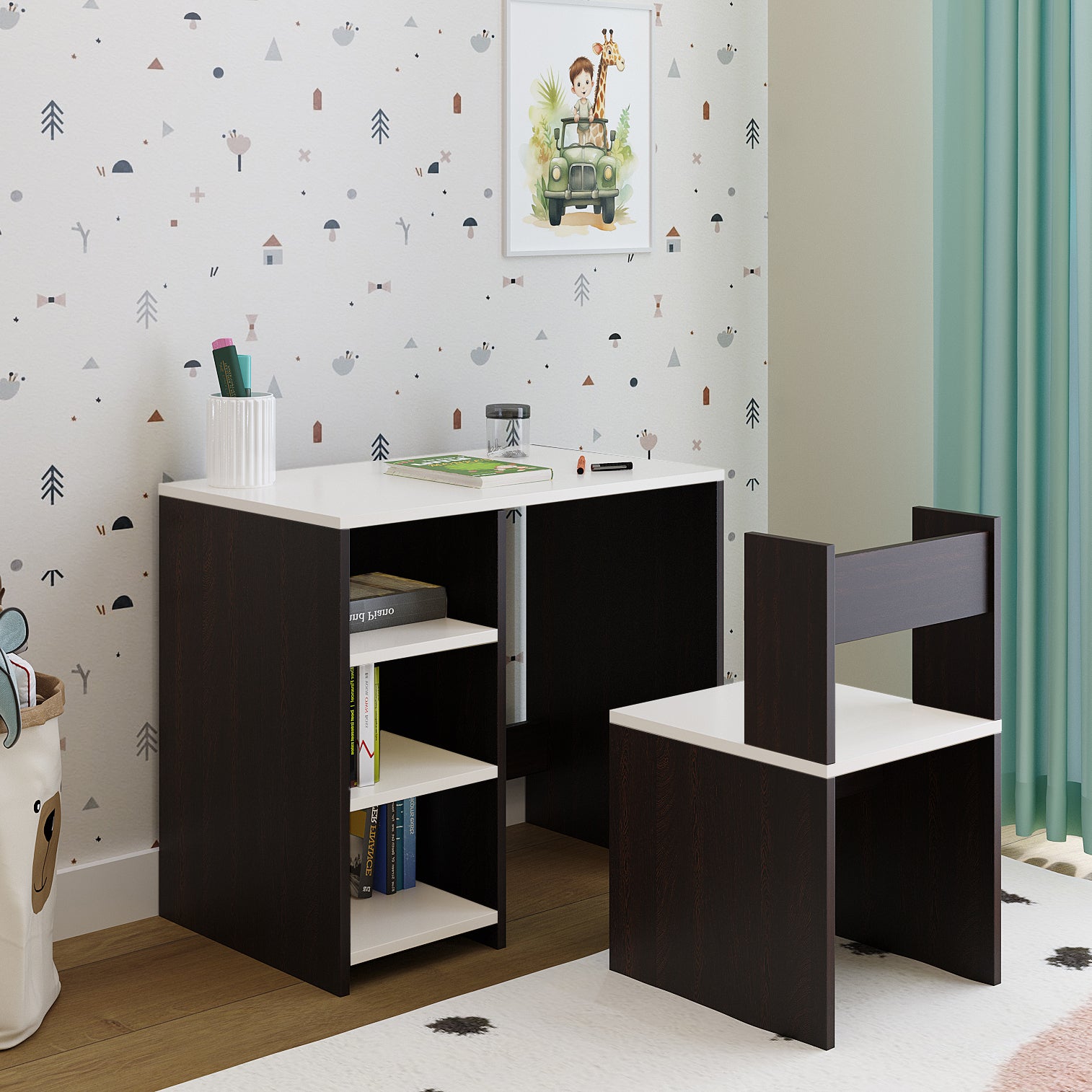 Harper Engineered Wood Light Weight Study Table & Chair Set with Storage for 3-12 Years Kids, Medium Size Kids Desk Set Upto 60kgs Weight Capacity - DIY Installation (Wenge & whjite)