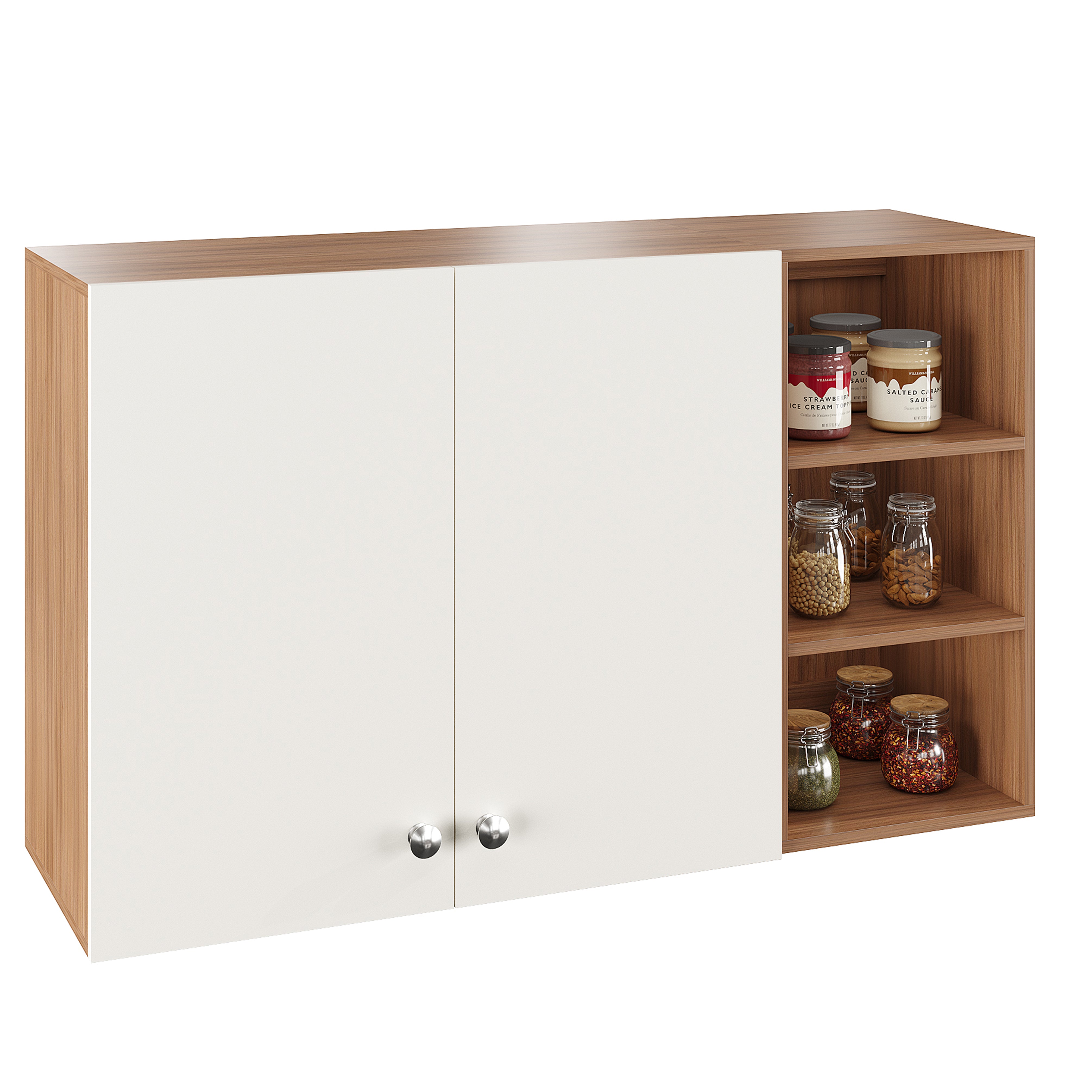 Lismore Wall Mount Wooden Kitchen Cabinet Storage Rack Shelf Organizer with Door in Exotic Teak & White Finish