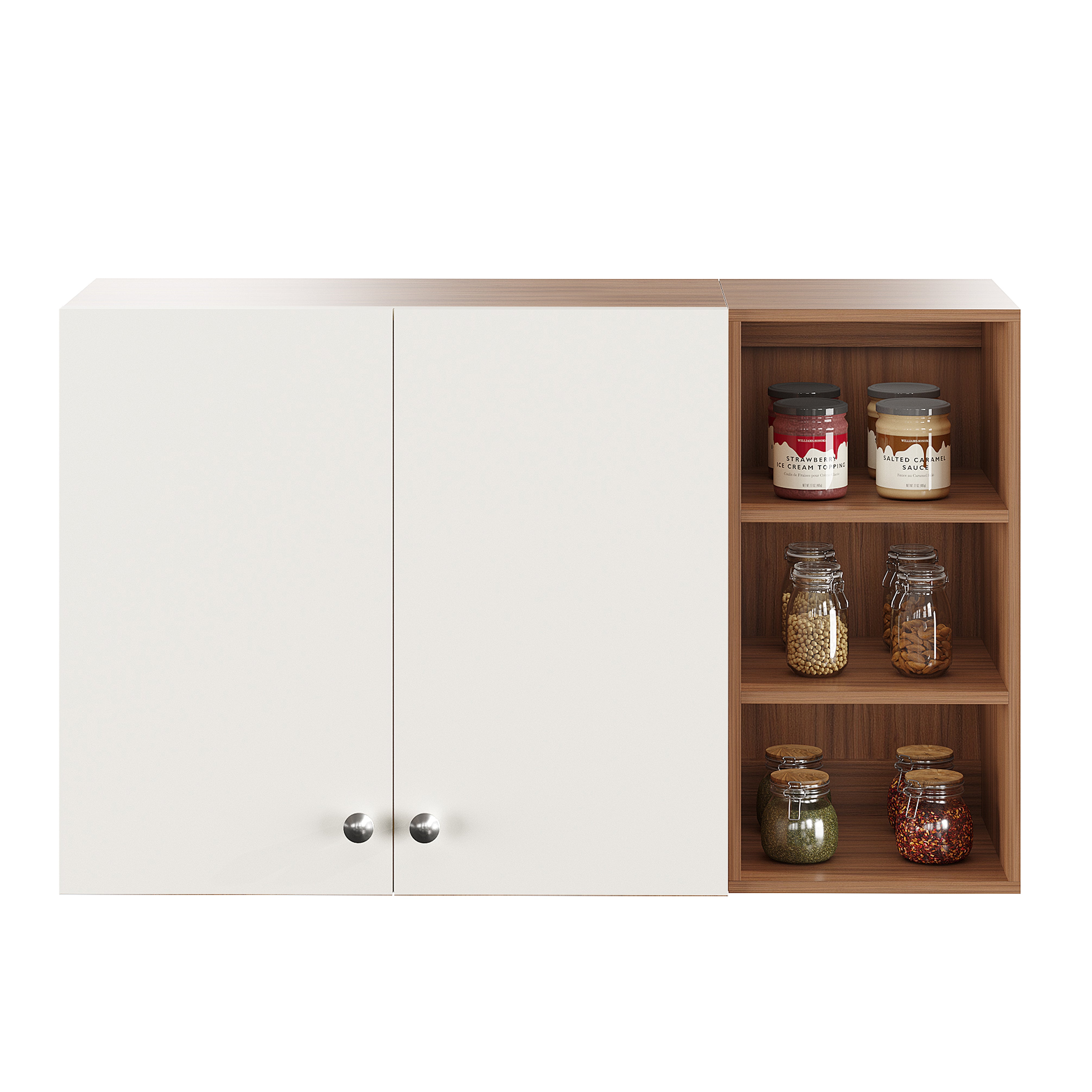 Lismore Wall Mount Wooden Kitchen Cabinet Storage Rack Shelf Organizer with Door in Exotic Teak & White Finish