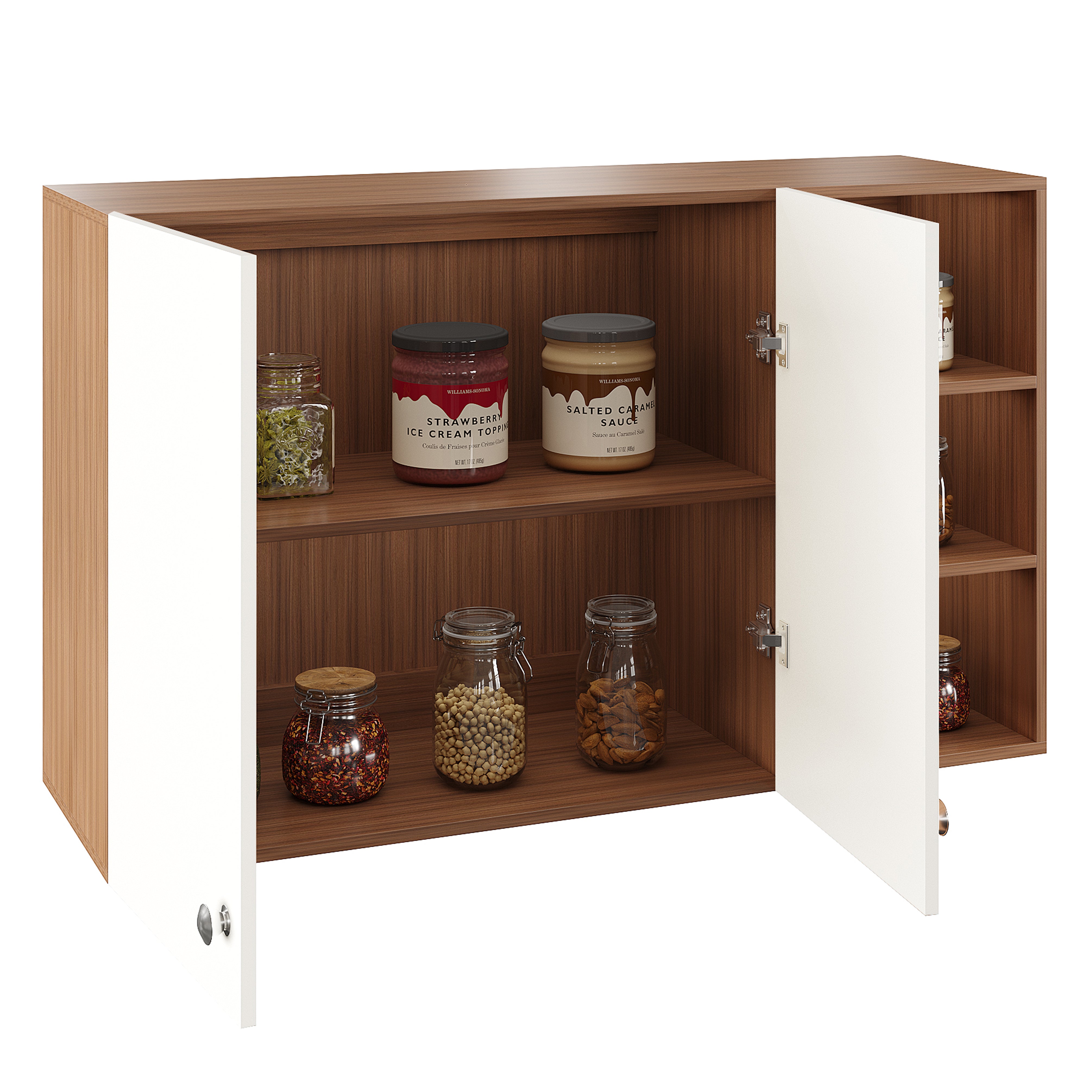 Lismore Wall Mount Wooden Kitchen Cabinet Storage Rack Shelf Organizer with Door in Exotic Teak & White Finish