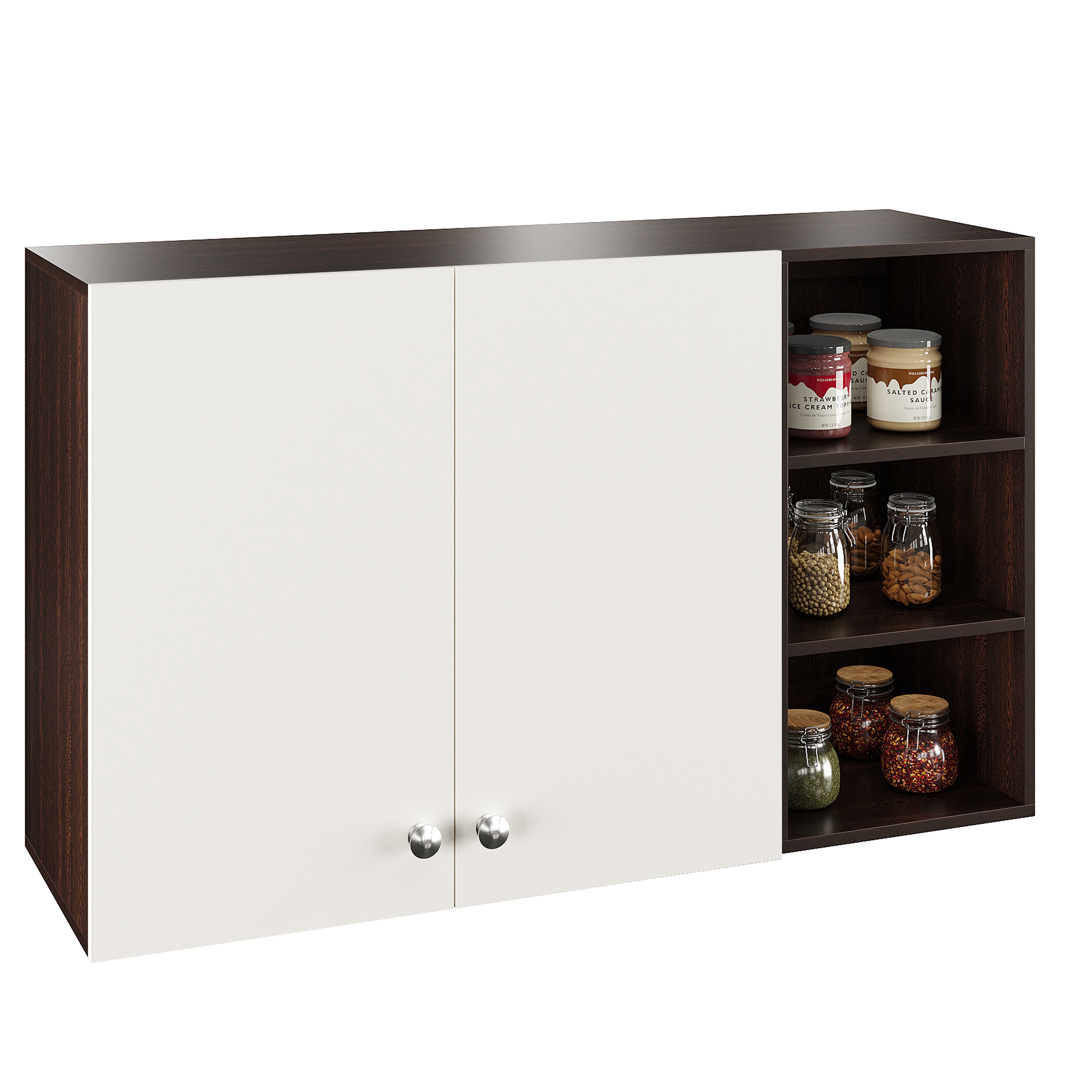 Lismore Wall Mount Wooden Kitchen Cabinet Storage Rack Shelf Organizer with Door in Wenge & White Finish