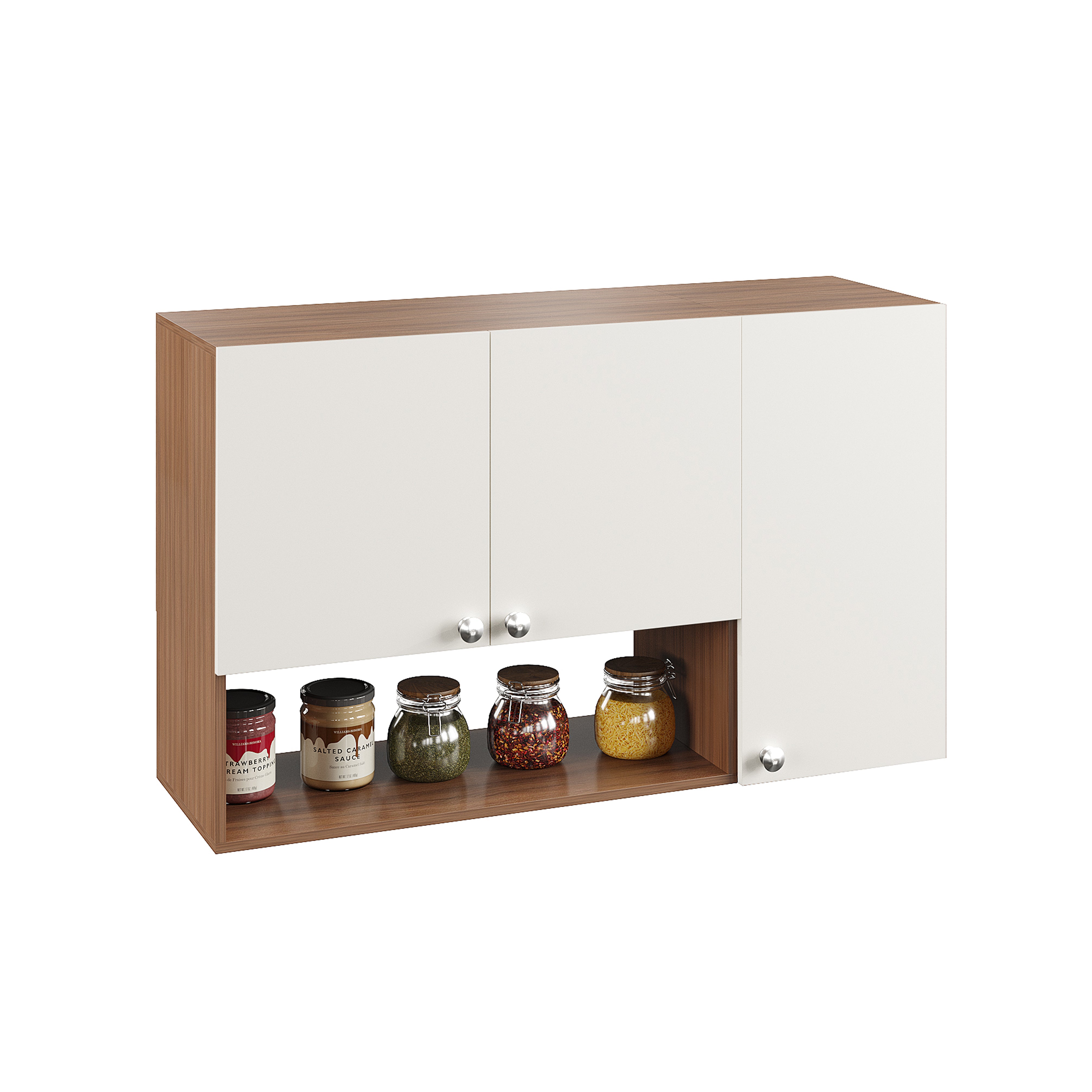 Diana Wall Mount Wooden Kitchen Cabinet Storage Rack Shelf Organizer with Door in Exotic Teak & White Finish