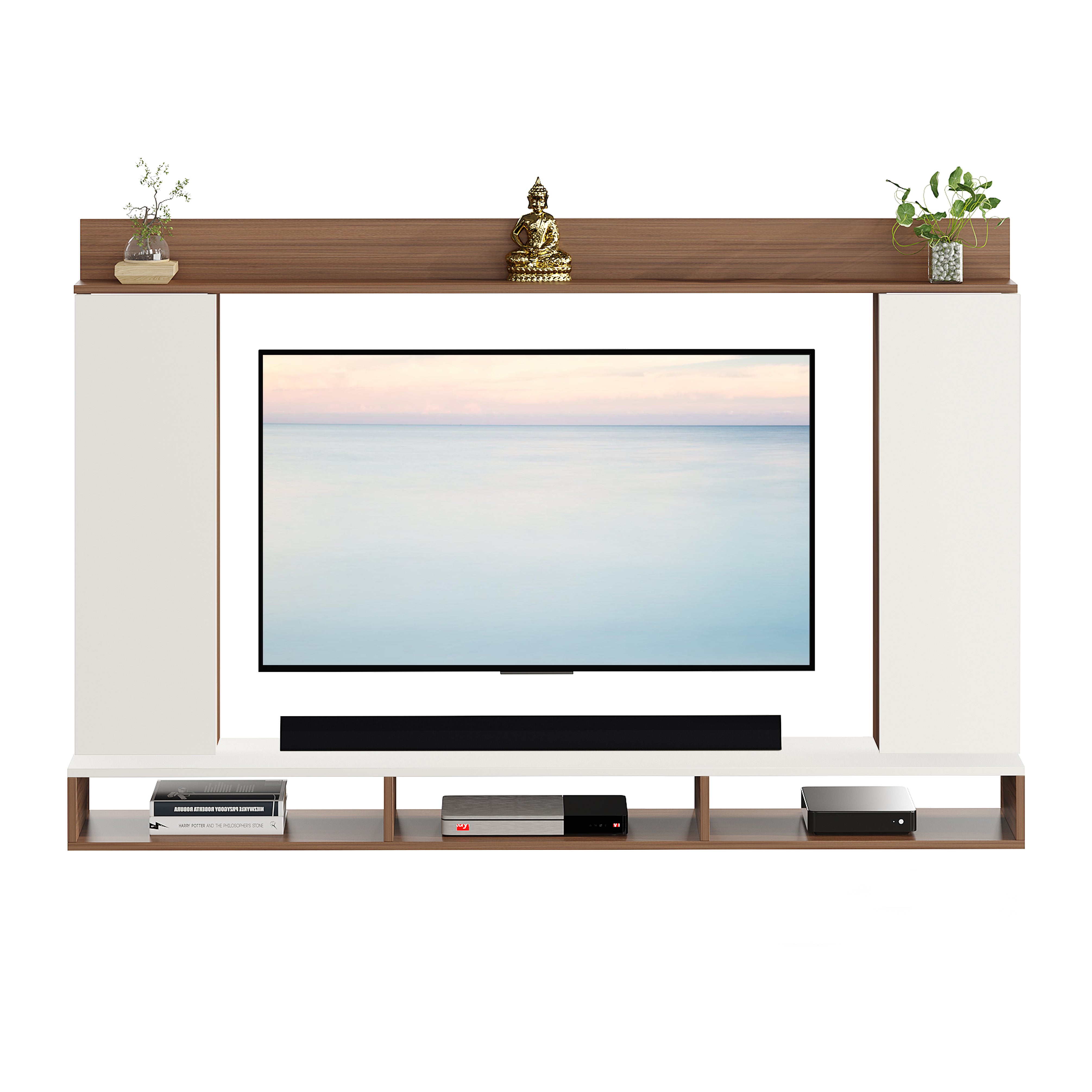 FURNEASER Morris Engineered Wood Wall Mount TV Unit/Set Top Box Stand with Display Shelves/Modern Tv Rack/Cabinet/Showcase for 43 inch TV (Exotic Teak & White)
