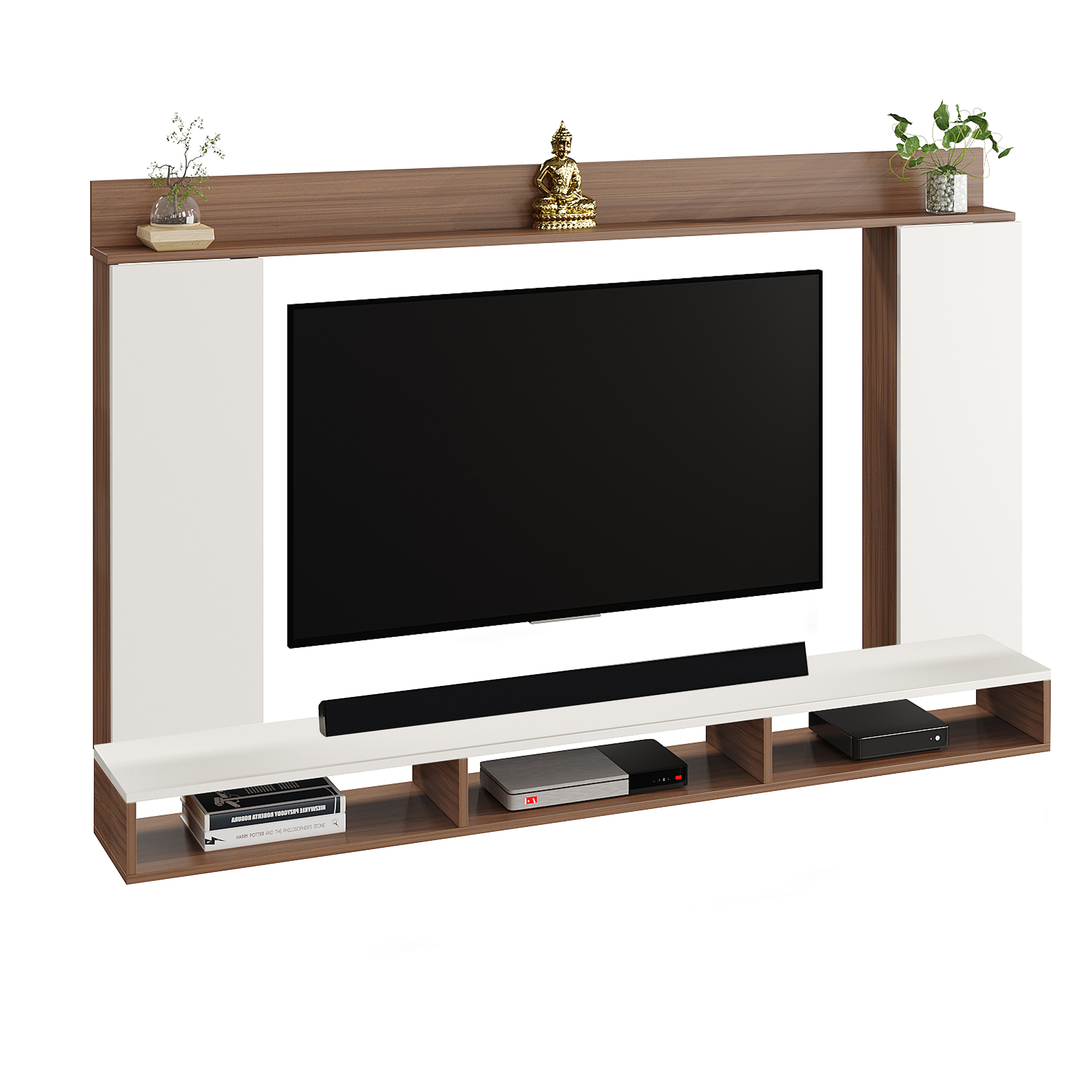 Furneaser Morris Engineered Wood Wall Mount TV Unit/TV Stand with Door/TV Cabinet/TV Entertainment Unit/Set Top Box Stand (Ideal for 55 Inch) (D.I.Y) (Exotic Teak & White)