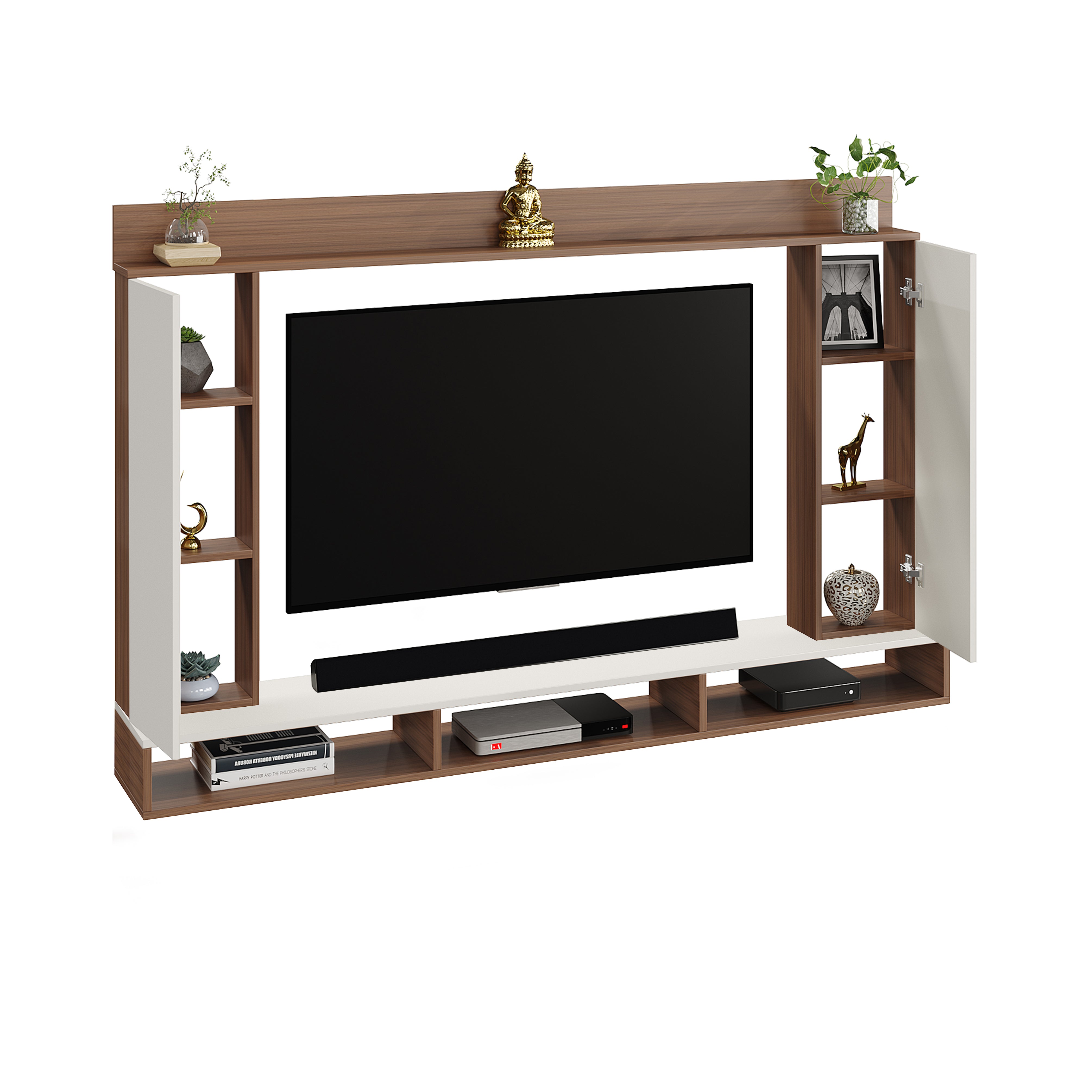 Furneaser Morris Engineered Wood Wall Mount TV Unit/TV Stand with Door/TV Cabinet/TV Entertainment Unit/Set Top Box Stand (Ideal for 55 Inch) (D.I.Y) (Exotic Teak & White)