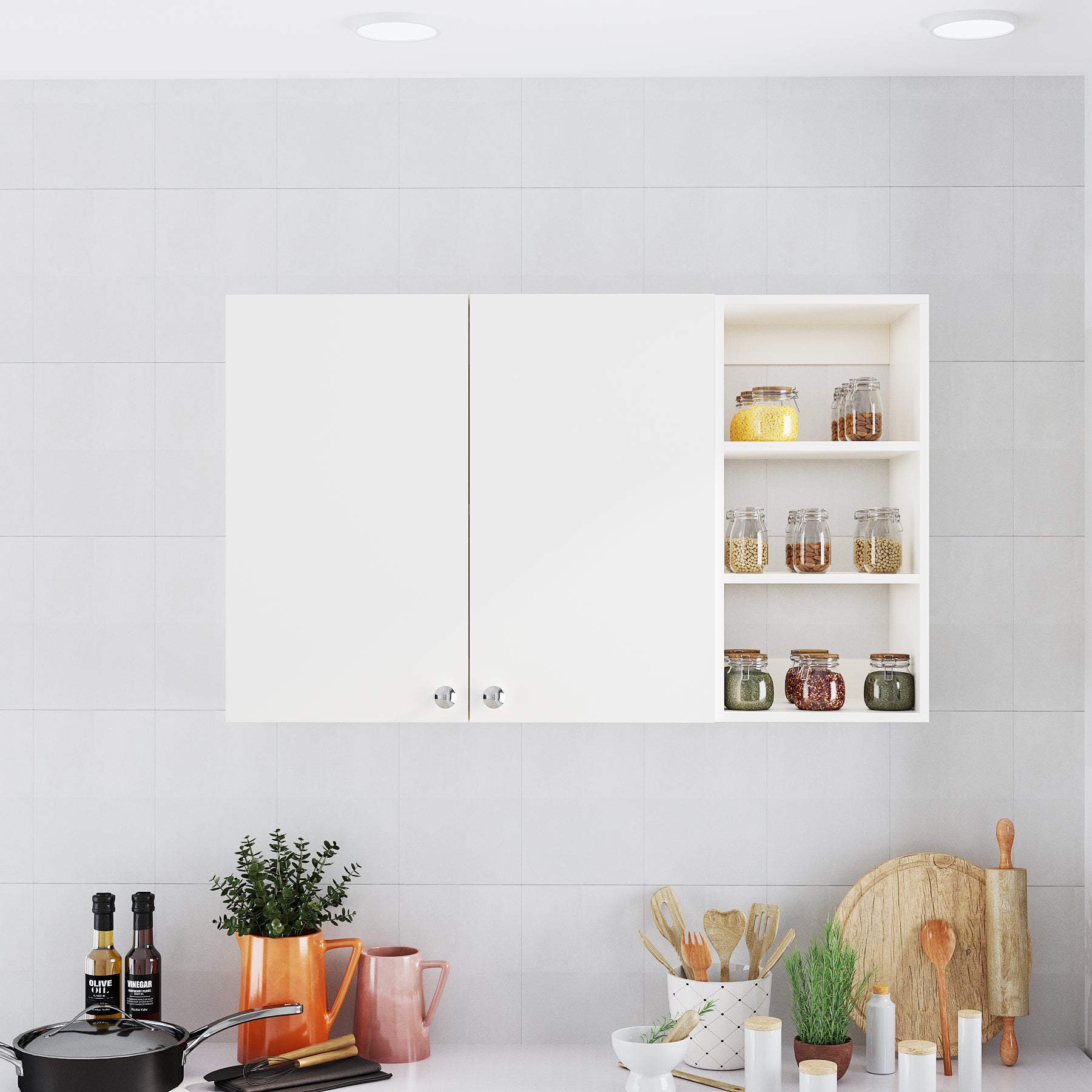 Lismore Wall Mount Wooden Kitchen Cabinet Storage Rack Shelf Organizer with Door in White Finish