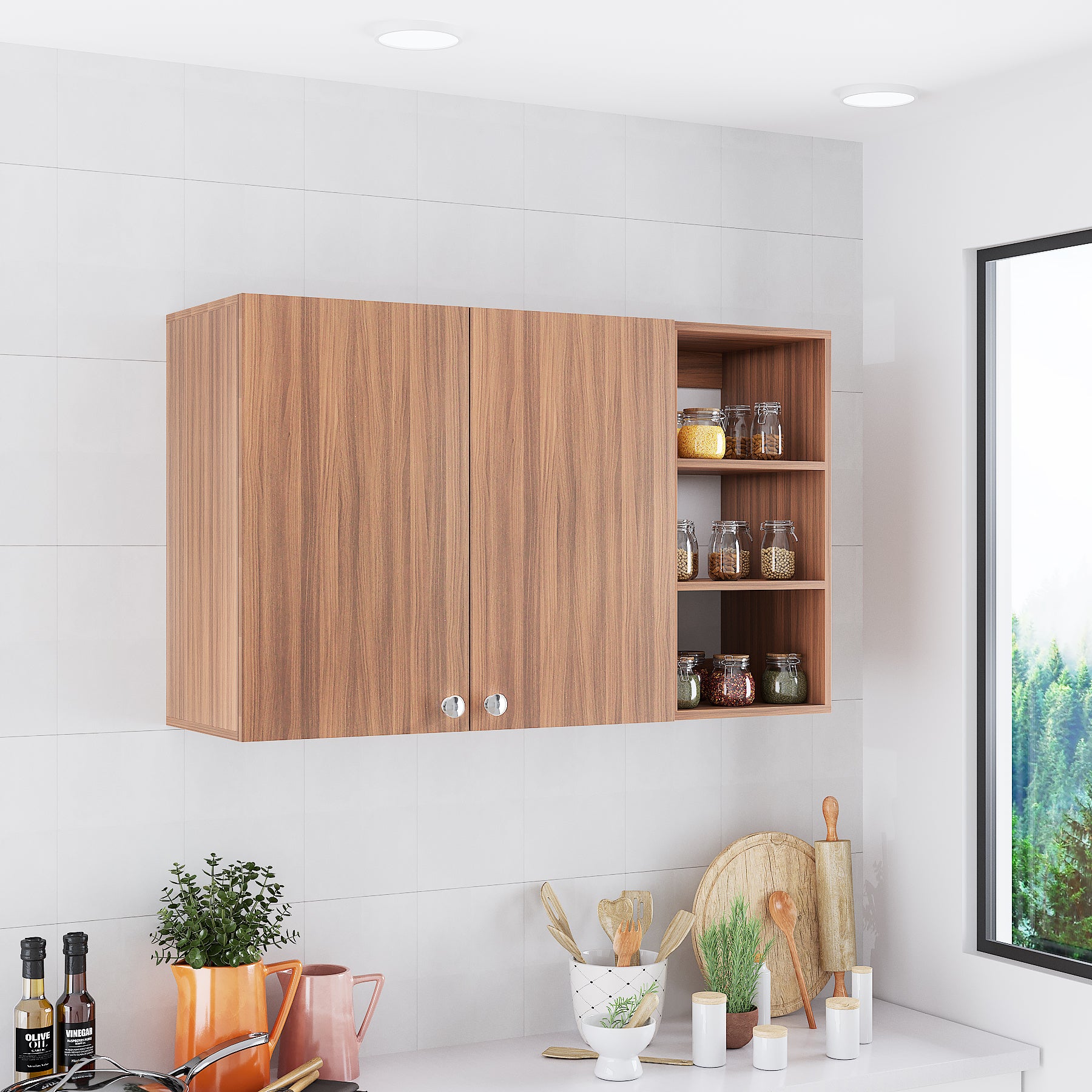 Lismore Wall Mount Wooden Kitchen Cabinet Storage Rack Shelf Organizer with Door in Exotic Teak Finish
