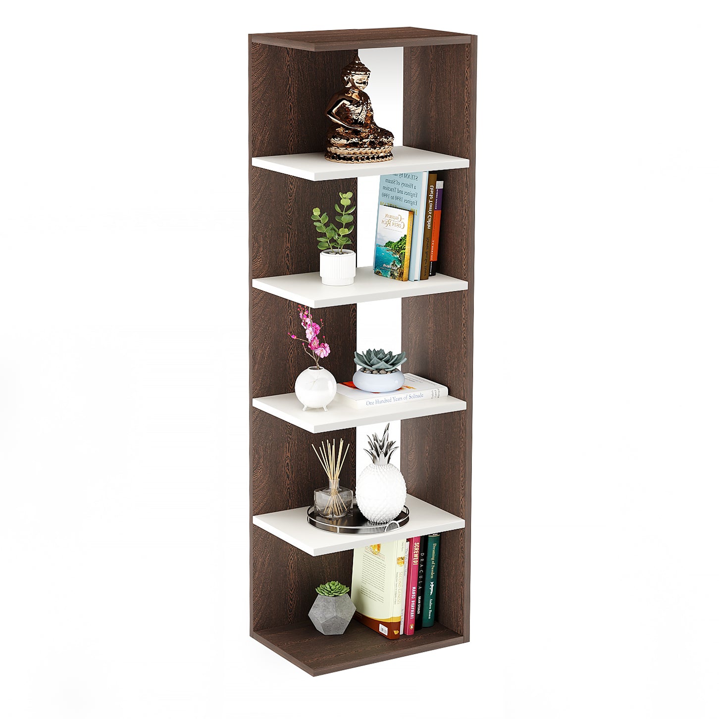 Rowbell Wooden Book Shelf for Books, Book Shelf Rack for Home Library, Corner Shelf for Living Room, Study Room & Office Furniture (Wenge & White)