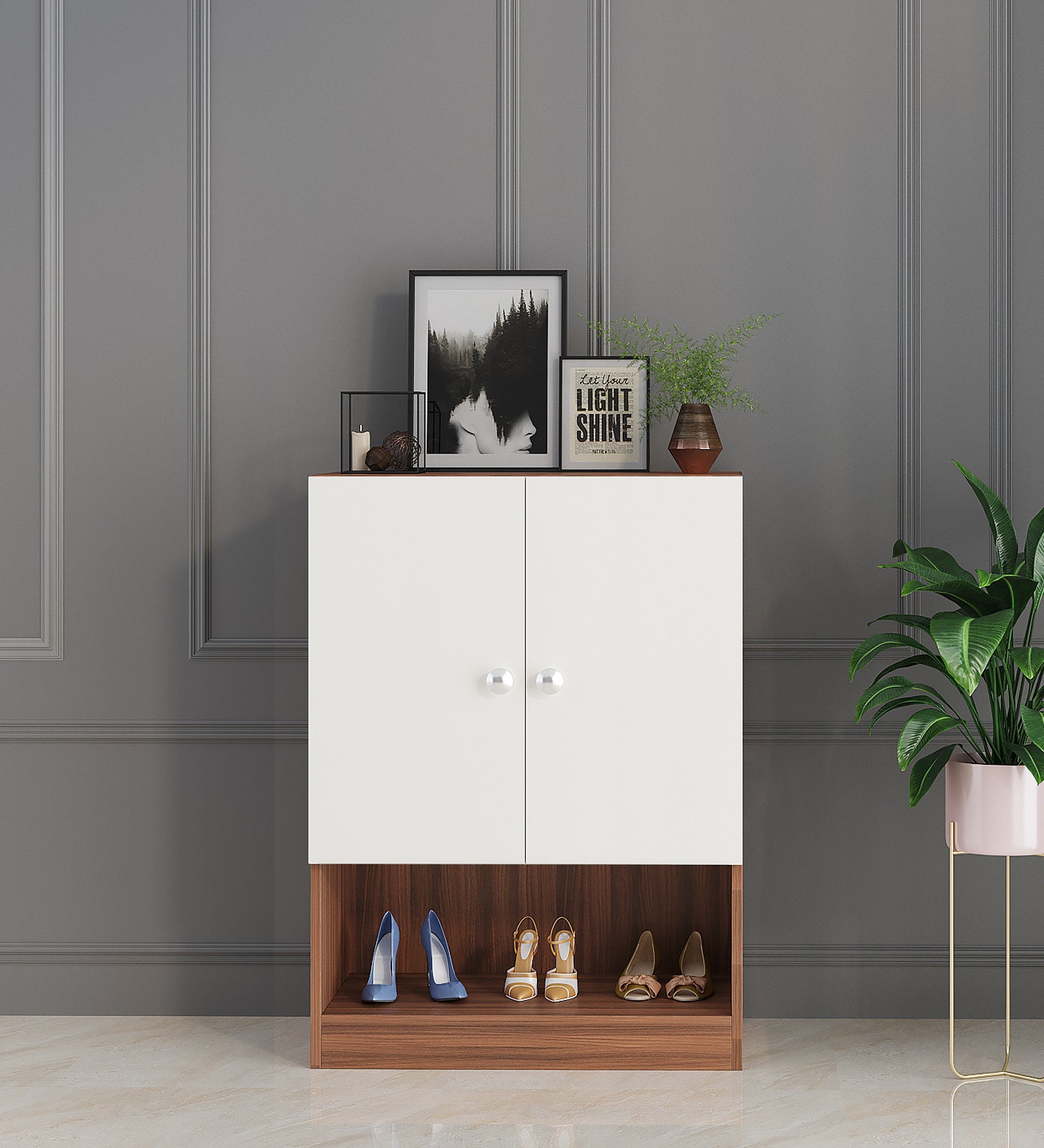 Arbor Wooden Shoe Rack Cabinet with Doors Exotic Teak & White Finish