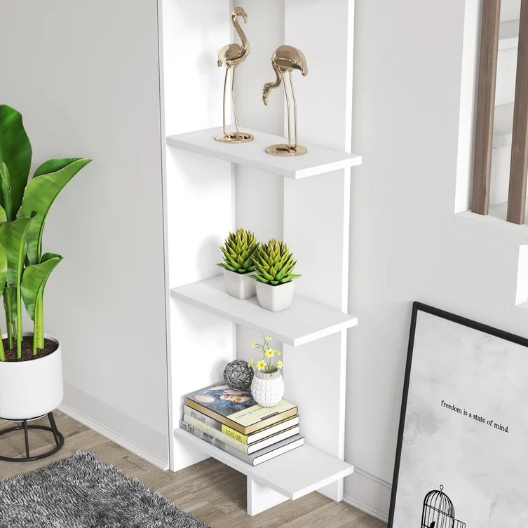 Abson Wooden Book Shelf for Books, Book Shelf Rack for Home Library, Corner Shelf for Living Room, Study Room & Office Furniture (White)
