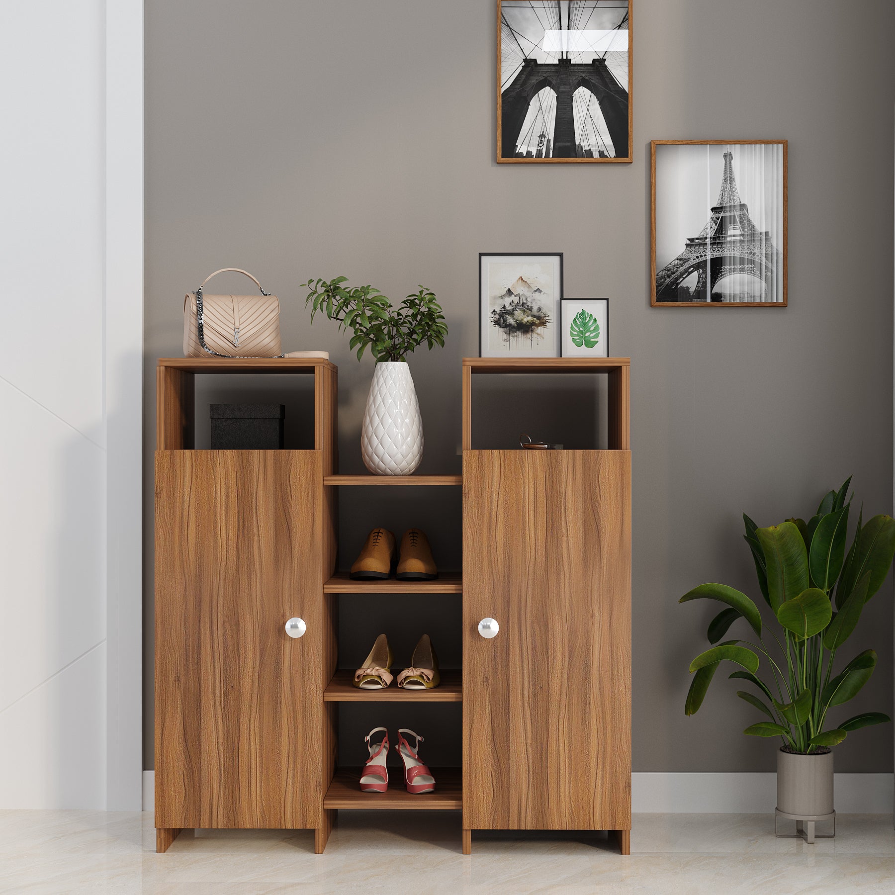 WOODWIDER Calis Wooden Shoe Rack for Home Storage Organizer Shoe Rack Cabinet Slipper Footwear Stand Rack 14 Shelves, Store Up to 16 Pairs (Exotic Teak)