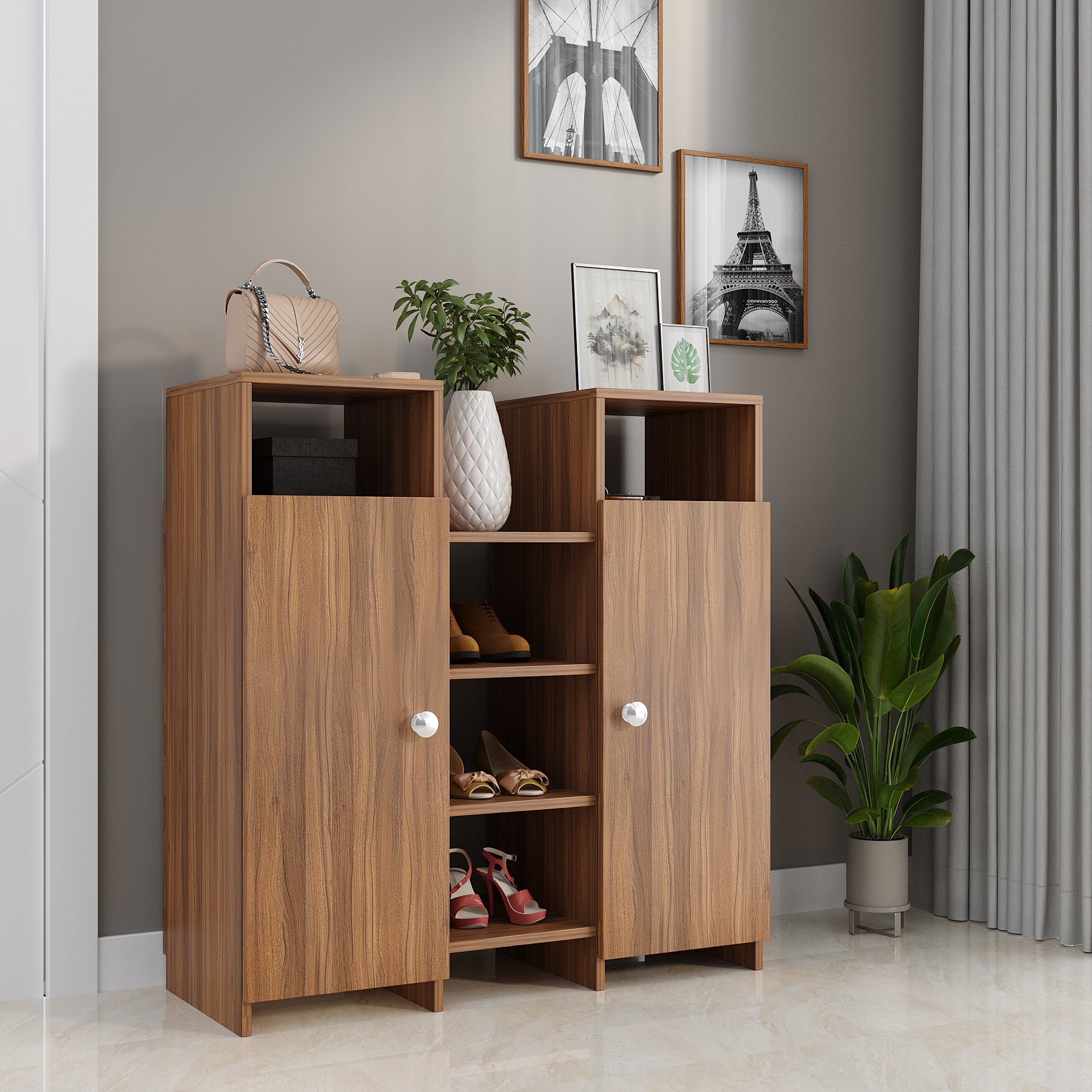 WOODWIDER Calis Wooden Shoe Rack for Home Storage Organizer Shoe Rack Cabinet Slipper Footwear Stand Rack 14 Shelves, Store Up to 16 Pairs (Exotic Teak)