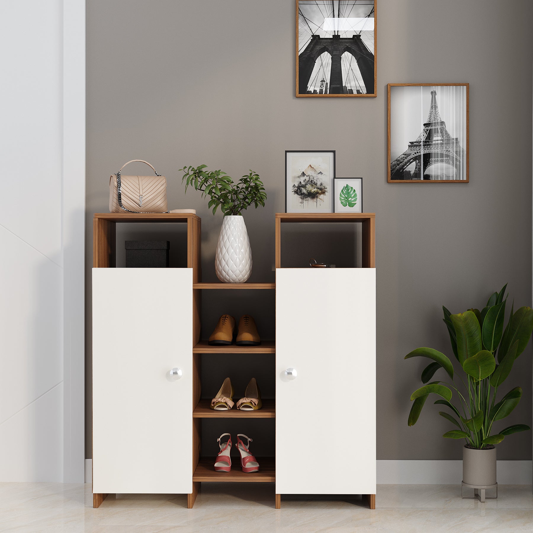 WOODWIDER Calis Wooden Shoe Rack for Home Storage Organizer Shoe Rack Cabinet Slipper Footwear Stand Rack 14 Shelves, Store Up to 16 Pairs (Exotic Teak & White )
