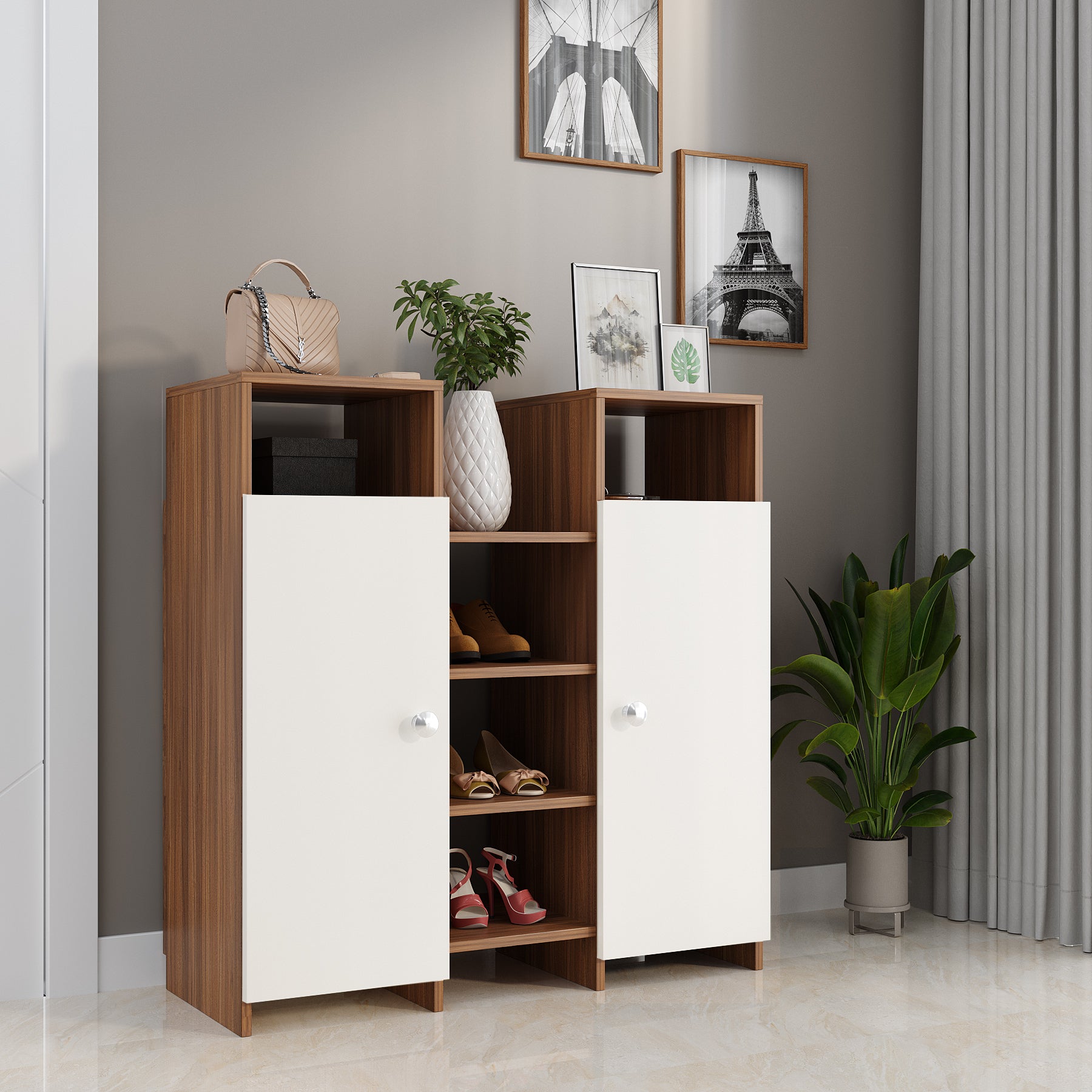WOODWIDER Calis Wooden Shoe Rack for Home Storage Organizer Shoe Rack Cabinet Slipper Footwear Stand Rack 14 Shelves, Store Up to 16 Pairs (Exotic Teak & White )