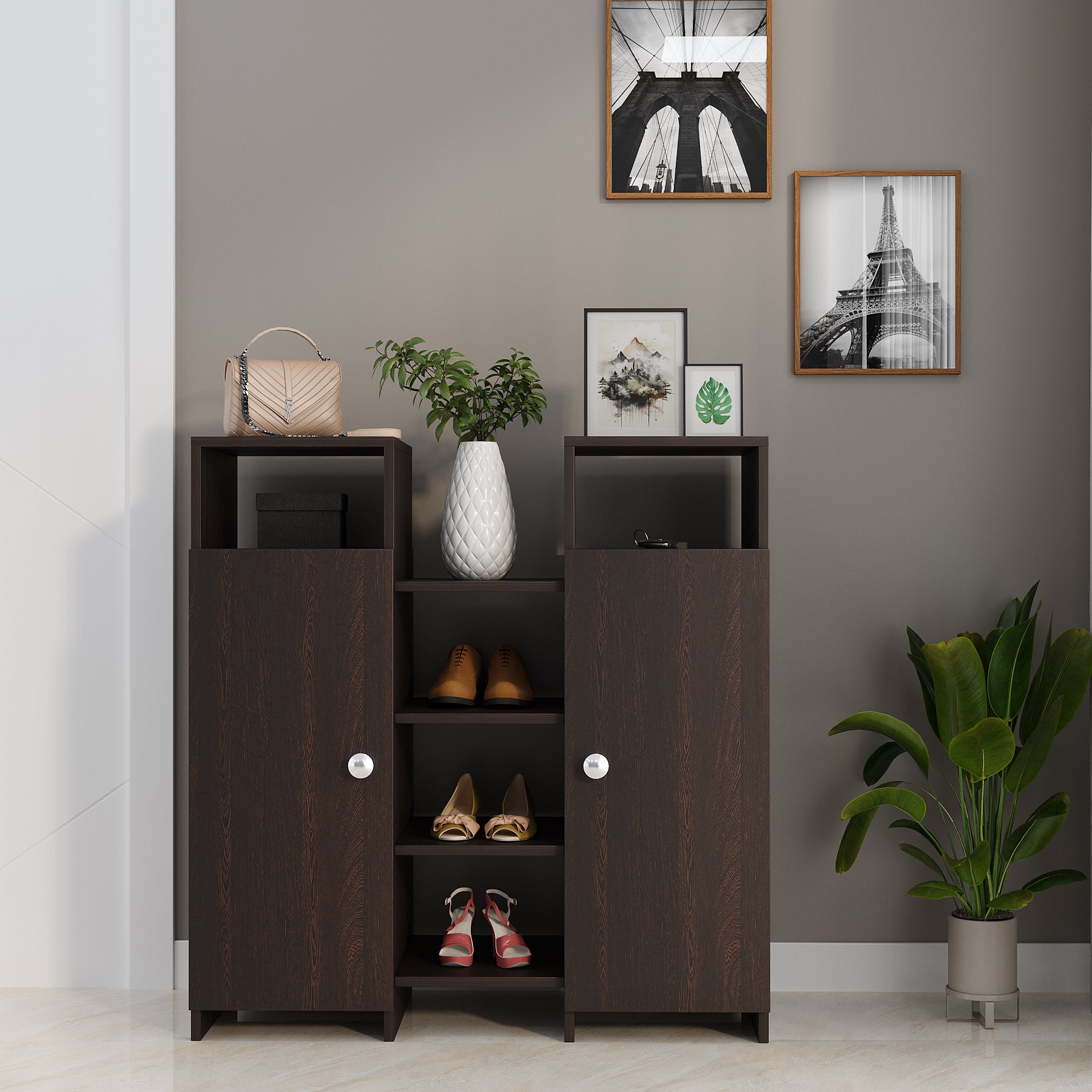 WOODWIDER Calis Wooden Shoe Rack for Home Storage Organizer Shoe Rack Cabinet Slipper Footwear Stand Rack 14 Shelves, Store Up to 16 Pairs (Wenge)