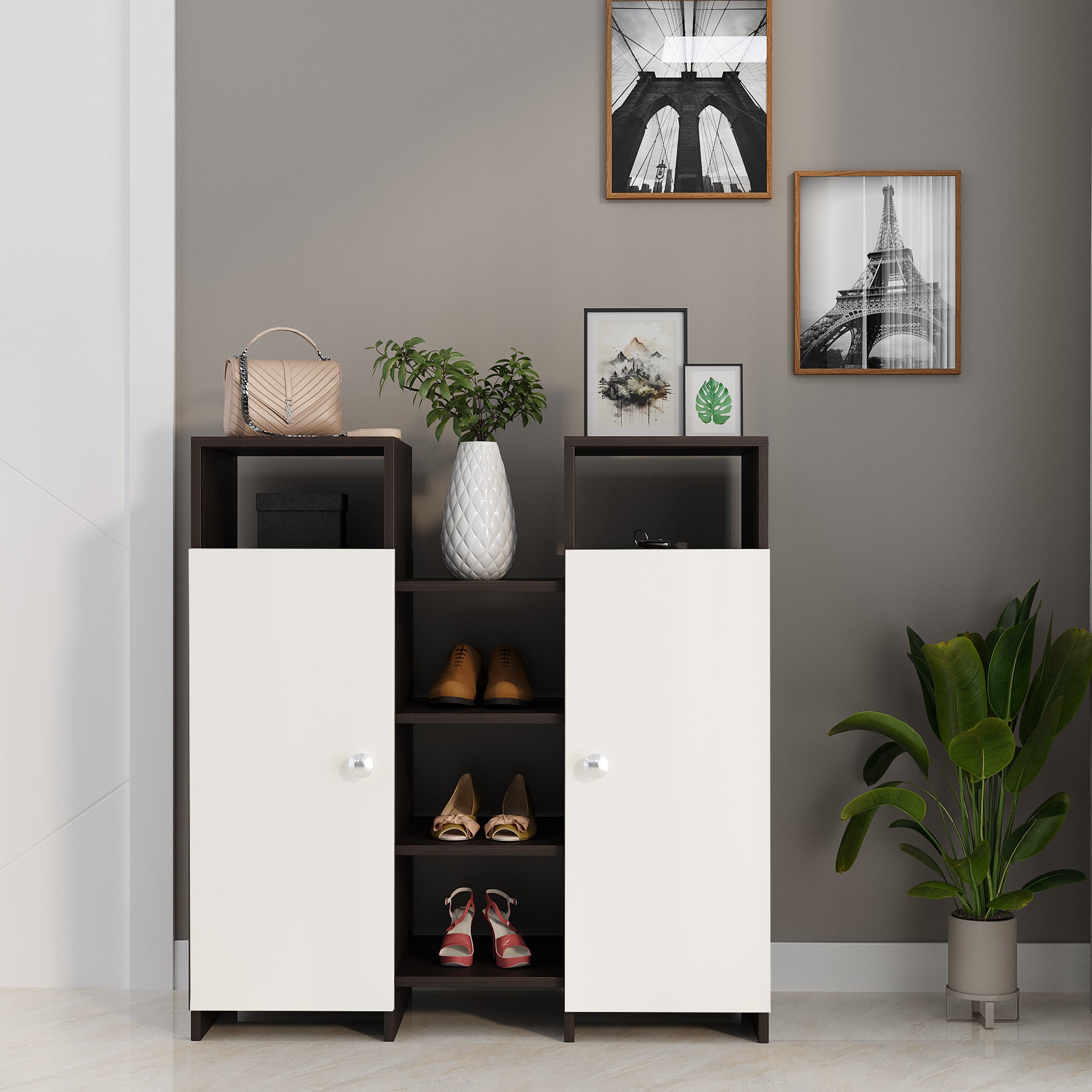 WOODWIDER Calis Wooden Shoe Rack for Home Storage Organizer Shoe Rack Cabinet Slipper Footwear Stand Rack 14 Shelves, Store Up to 16 Pairs (Wenge & White)