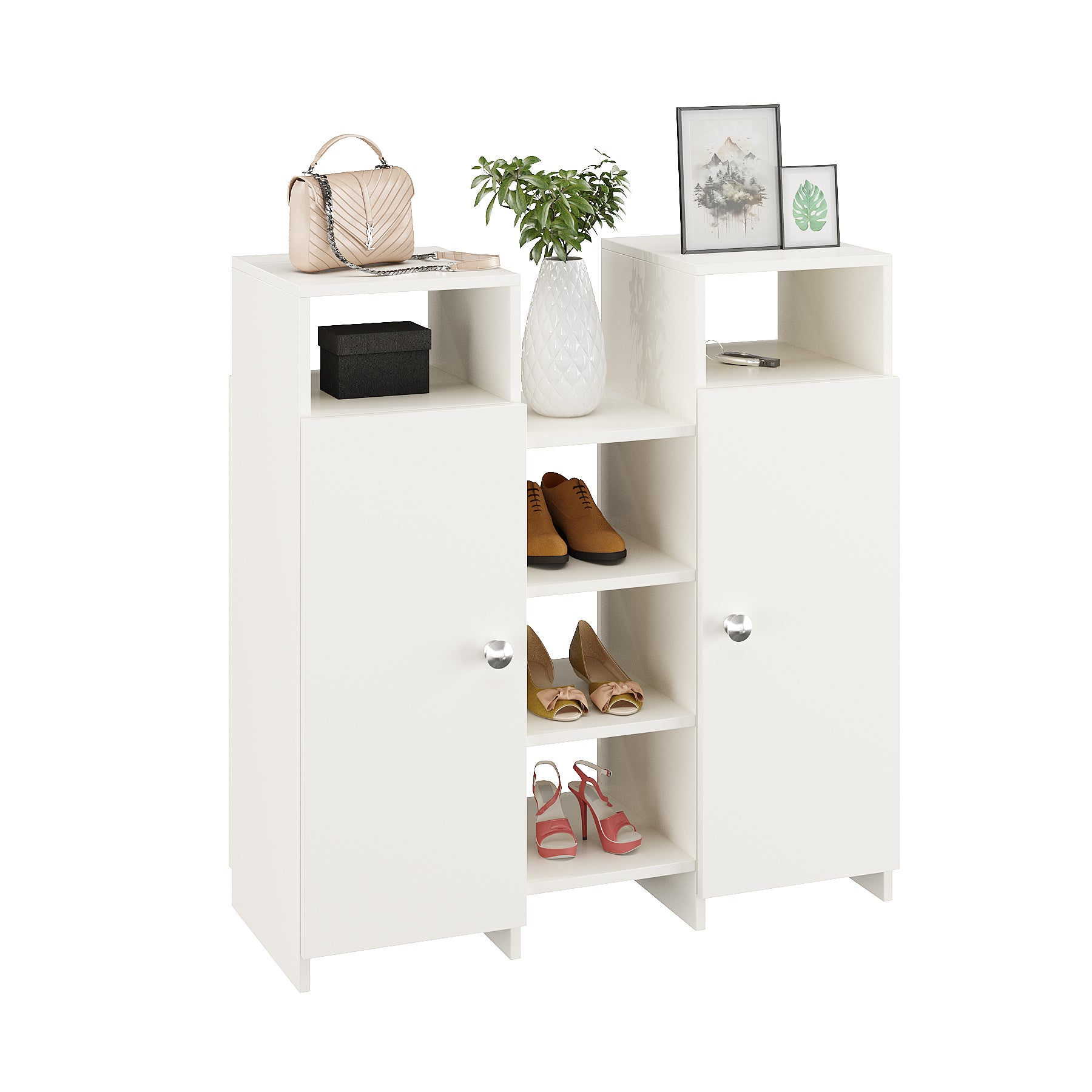 WOODWIDER Calis Wooden Shoe Rack for Home Storage Organizer Shoe Rack Cabinet Slipper Footwear Stand Rack 14 Shelves, Store Up to 16 Pairs (White)