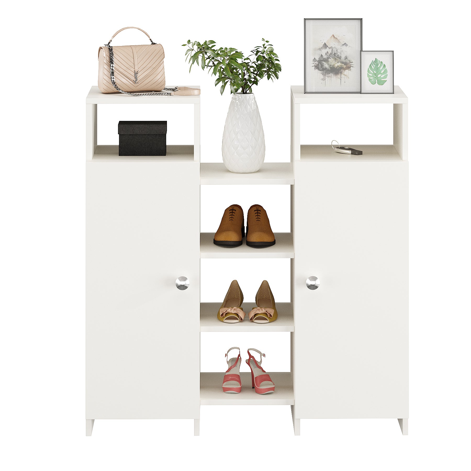 WOODWIDER Calis Wooden Shoe Rack for Home Storage Organizer Shoe Rack Cabinet Slipper Footwear Stand Rack 14 Shelves, Store Up to 16 Pairs (White)