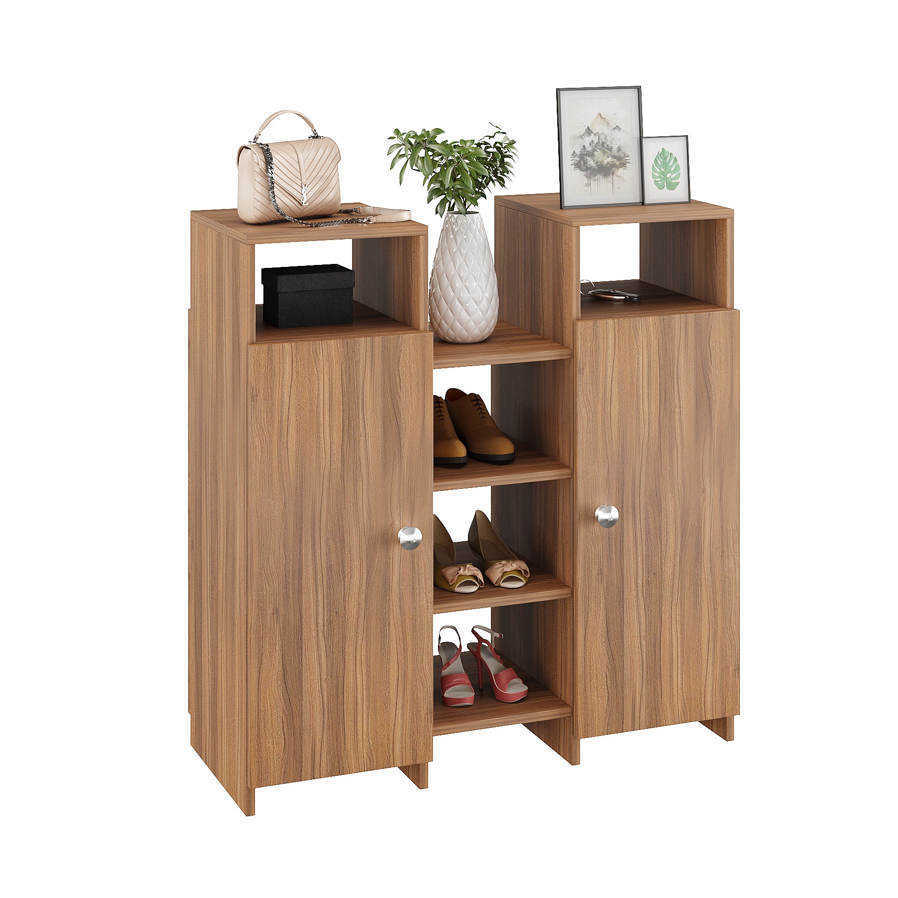 WOODWIDER Calis Wooden Shoe Rack for Home Storage Organizer Shoe Rack Cabinet Slipper Footwear Stand Rack 14 Shelves, Store Up to 16 Pairs (Exotic Teak)