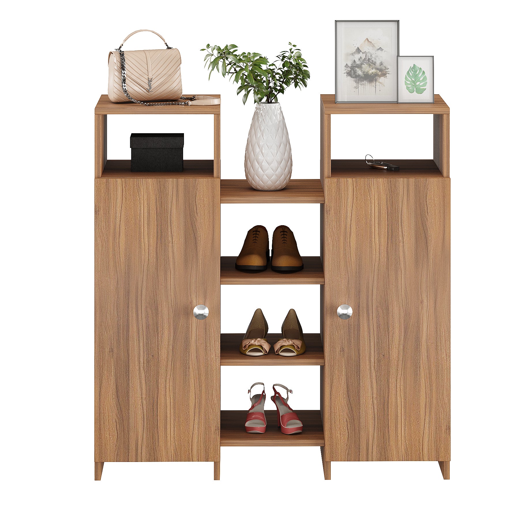 WOODWIDER Calis Wooden Shoe Rack for Home Storage Organizer Shoe Rack Cabinet Slipper Footwear Stand Rack 14 Shelves, Store Up to 16 Pairs (Exotic Teak)
