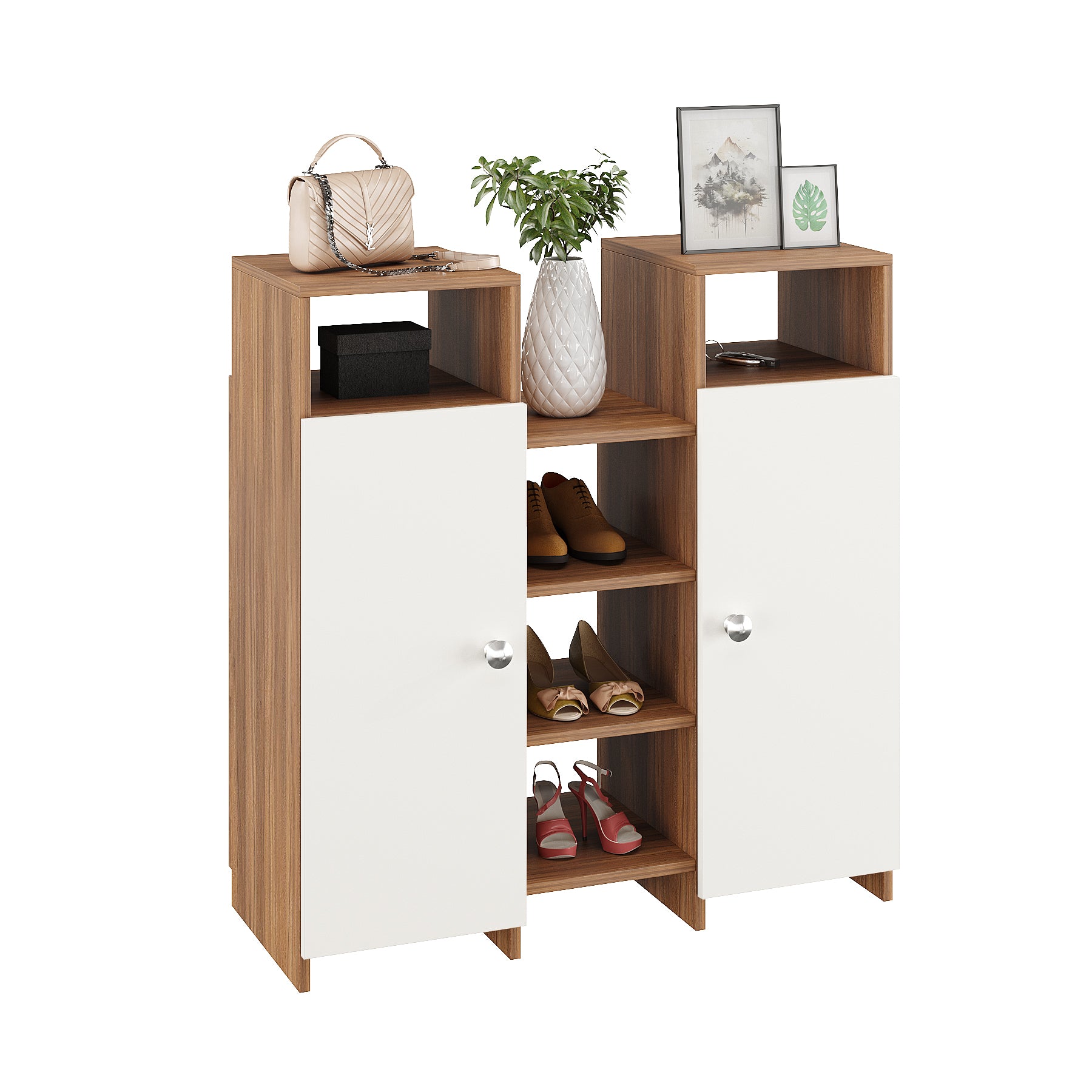 WOODWIDER Calis Wooden Shoe Rack for Home Storage Organizer Shoe Rack Cabinet Slipper Footwear Stand Rack 14 Shelves, Store Up to 16 Pairs (Exotic Teak & White )