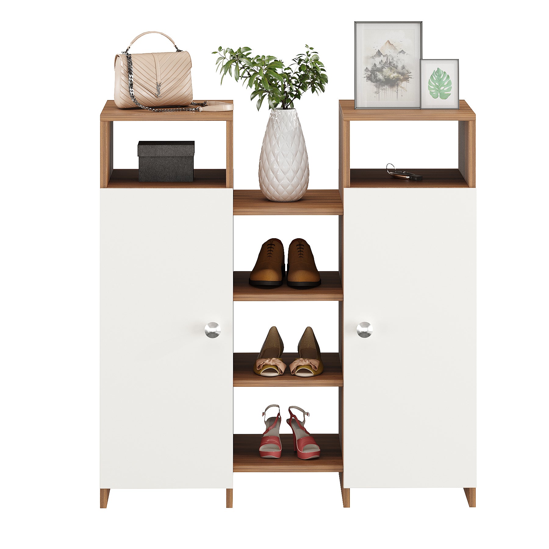 WOODWIDER Calis Wooden Shoe Rack for Home Storage Organizer Shoe Rack Cabinet Slipper Footwear Stand Rack 14 Shelves, Store Up to 16 Pairs (Exotic Teak & White )