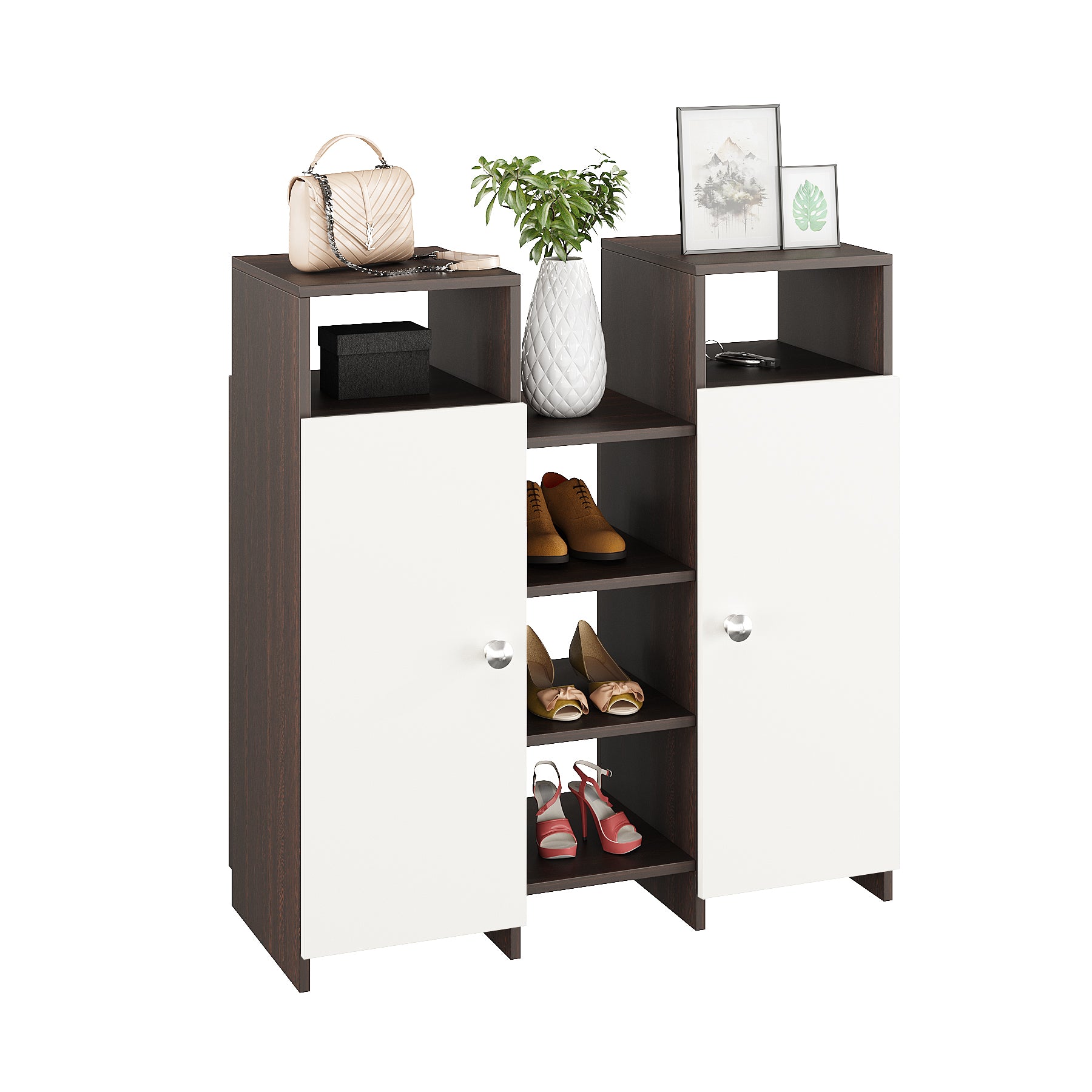 WOODWIDER Calis Wooden Shoe Rack for Home Storage Organizer Shoe Rack Cabinet Slipper Footwear Stand Rack 14 Shelves, Store Up to 16 Pairs (Wenge & White)