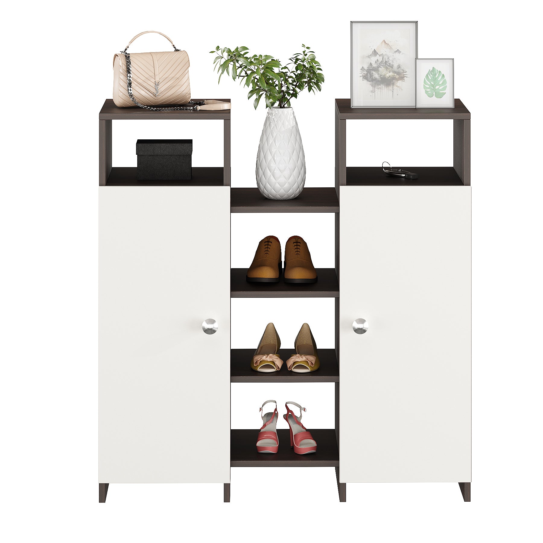 WOODWIDER Calis Wooden Shoe Rack for Home Storage Organizer Shoe Rack Cabinet Slipper Footwear Stand Rack 14 Shelves, Store Up to 16 Pairs (Wenge & White)