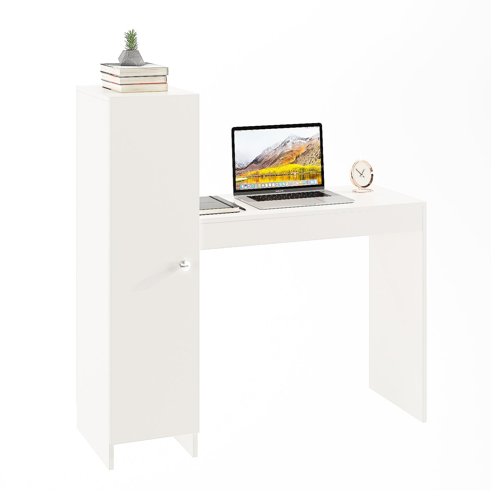 WOODWIDER Maria Wooden Study Table, Workstation, Computer, Laptop, WFH Office Desk, Gaming Table with Side Bookshelf Storage (White)