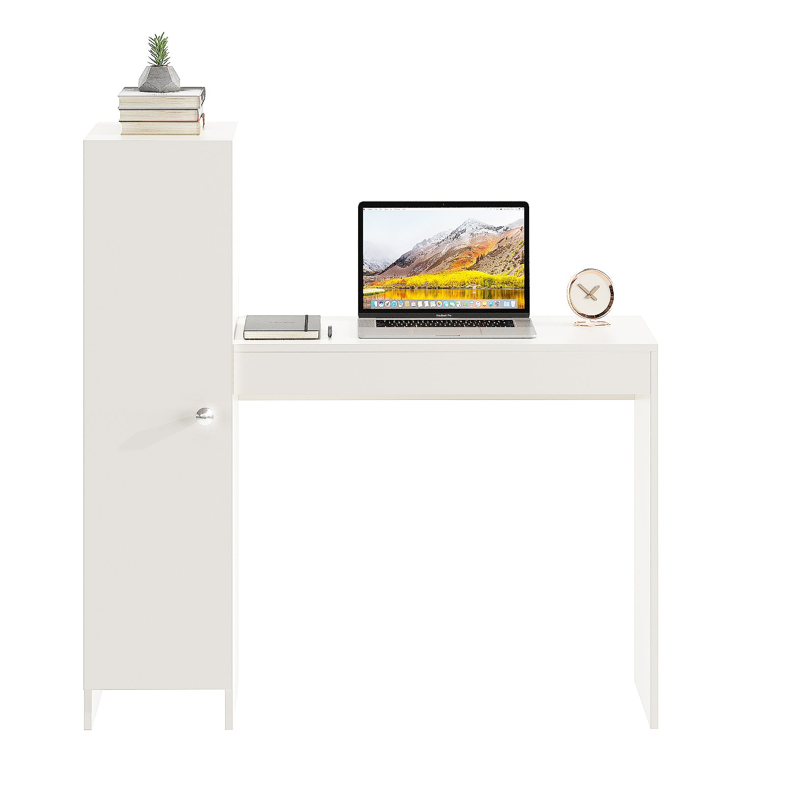 WOODWIDER Maria Wooden Study Table, Workstation, Computer, Laptop, WFH Office Desk, Gaming Table with Side Bookshelf Storage (White)