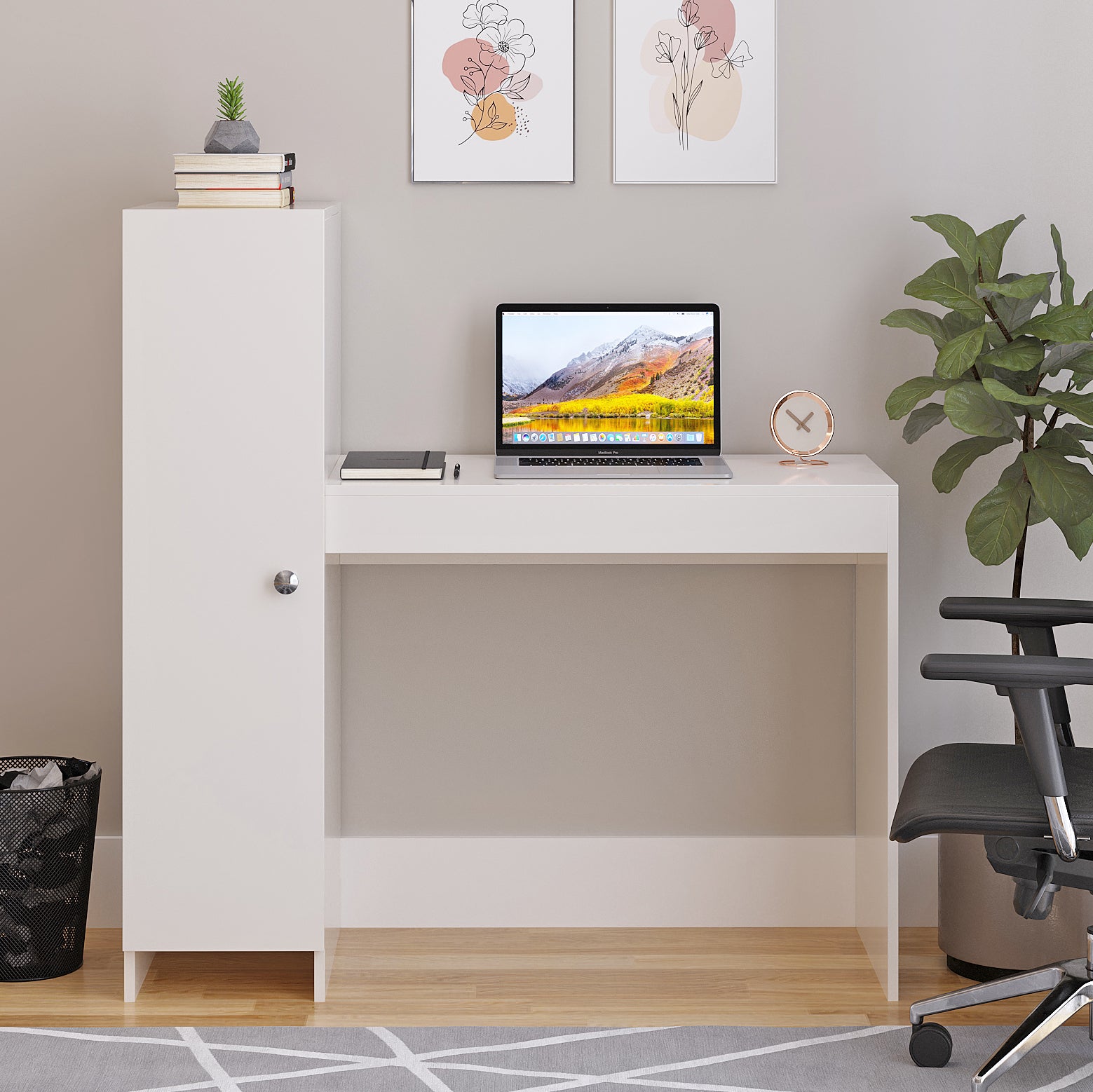 WOODWIDER Maria Wooden Study Table, Workstation, Computer, Laptop, WFH Office Desk, Gaming Table with Side Bookshelf Storage (White)