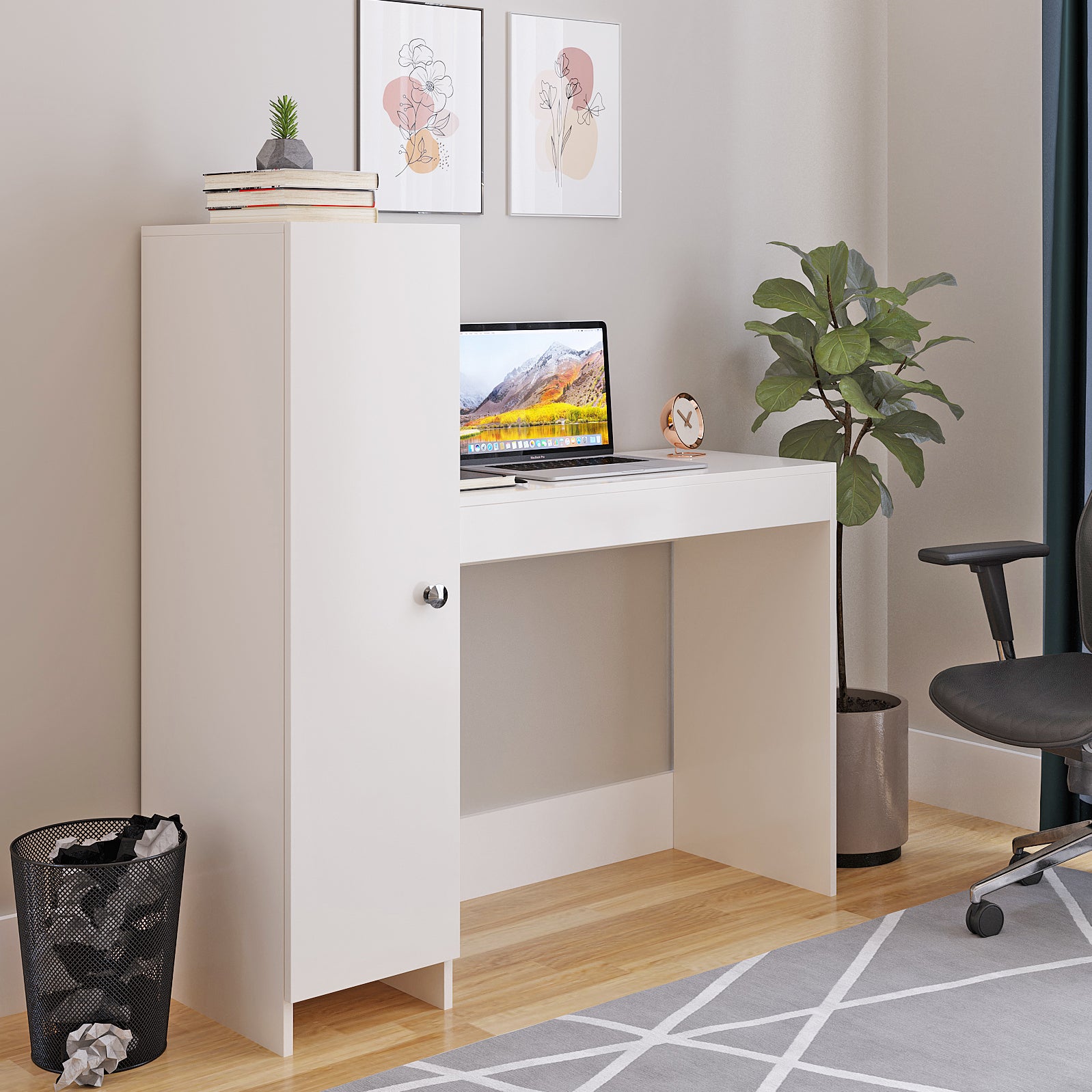 WOODWIDER Maria Wooden Study Table, Workstation, Computer, Laptop, WFH Office Desk, Gaming Table with Side Bookshelf Storage (White)
