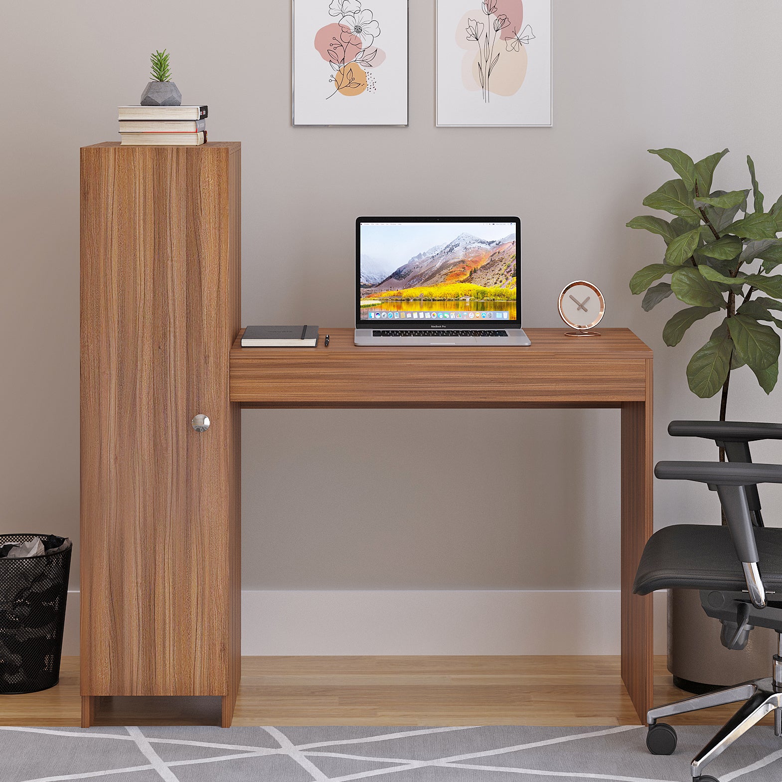 Woodwider Maria Wooden Study Table, Workstation, Computer, Laptop, WFH Office Desk, Gaming Table with Side Bookshelf Storage (Exotic Teak)