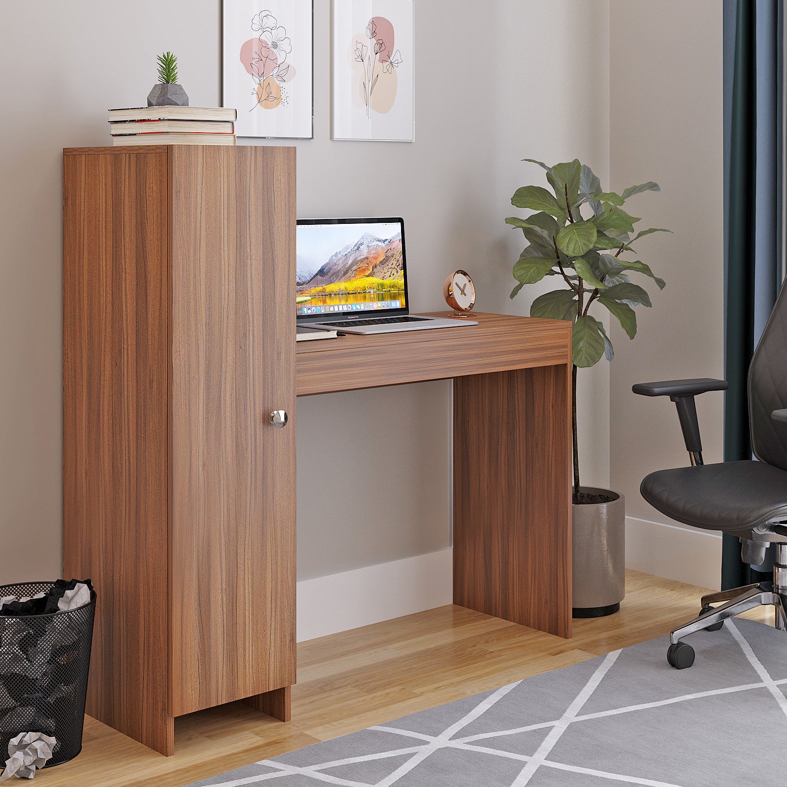 Woodwider Maria Wooden Study Table, Workstation, Computer, Laptop, WFH Office Desk, Gaming Table with Side Bookshelf Storage (Exotic Teak)
