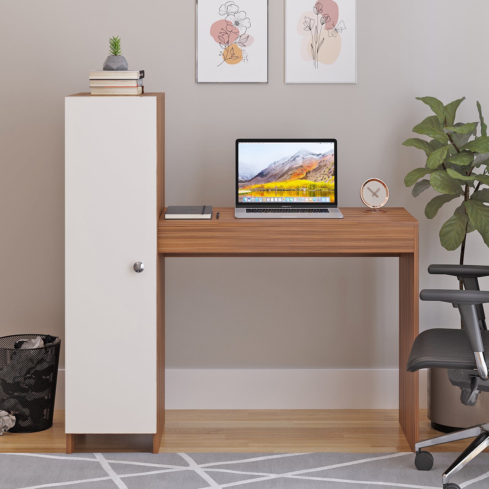 WOODWIDER Maria Wooden Study Table, Workstation, Computer, Laptop, WFH Office Desk, Gaming Table with Side Bookshelf Storage (Exotic Teak & White)