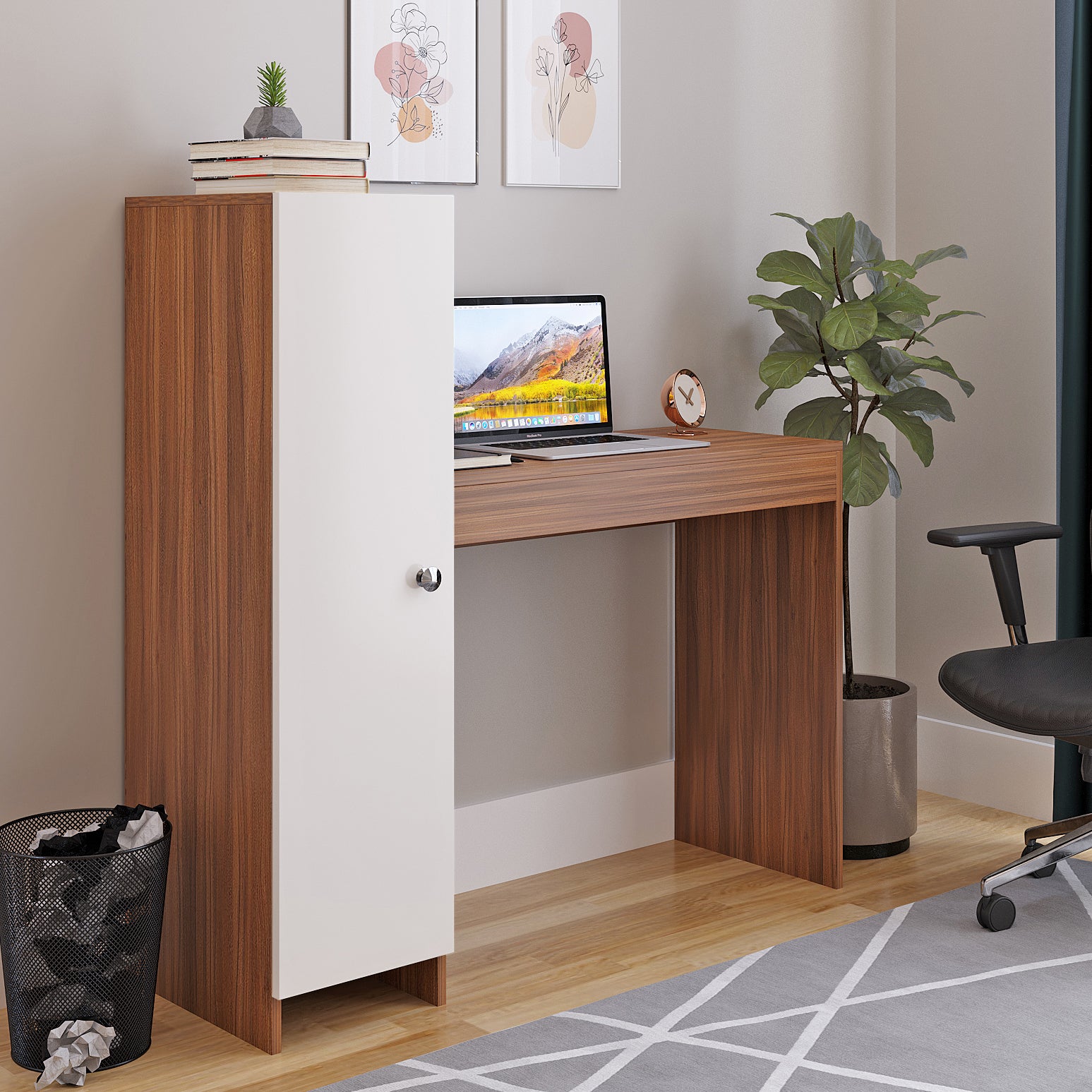 WOODWIDER Maria Wooden Study Table, Workstation, Computer, Laptop, WFH Office Desk, Gaming Table with Side Bookshelf Storage (Exotic Teak & White)