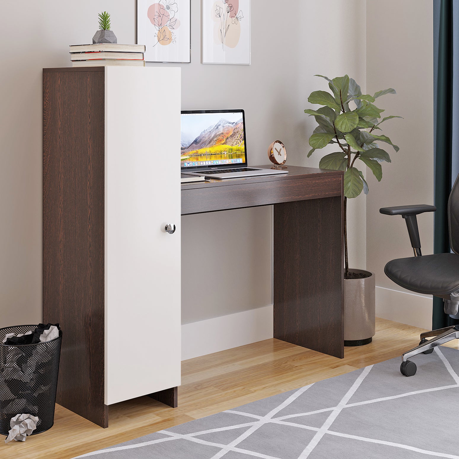 WOODWIDER Maria Wooden Study Table, Workstation, Computer, Laptop, WFH Office Desk, Gaming Table with Side Bookshelf Storage (Wenge & White)