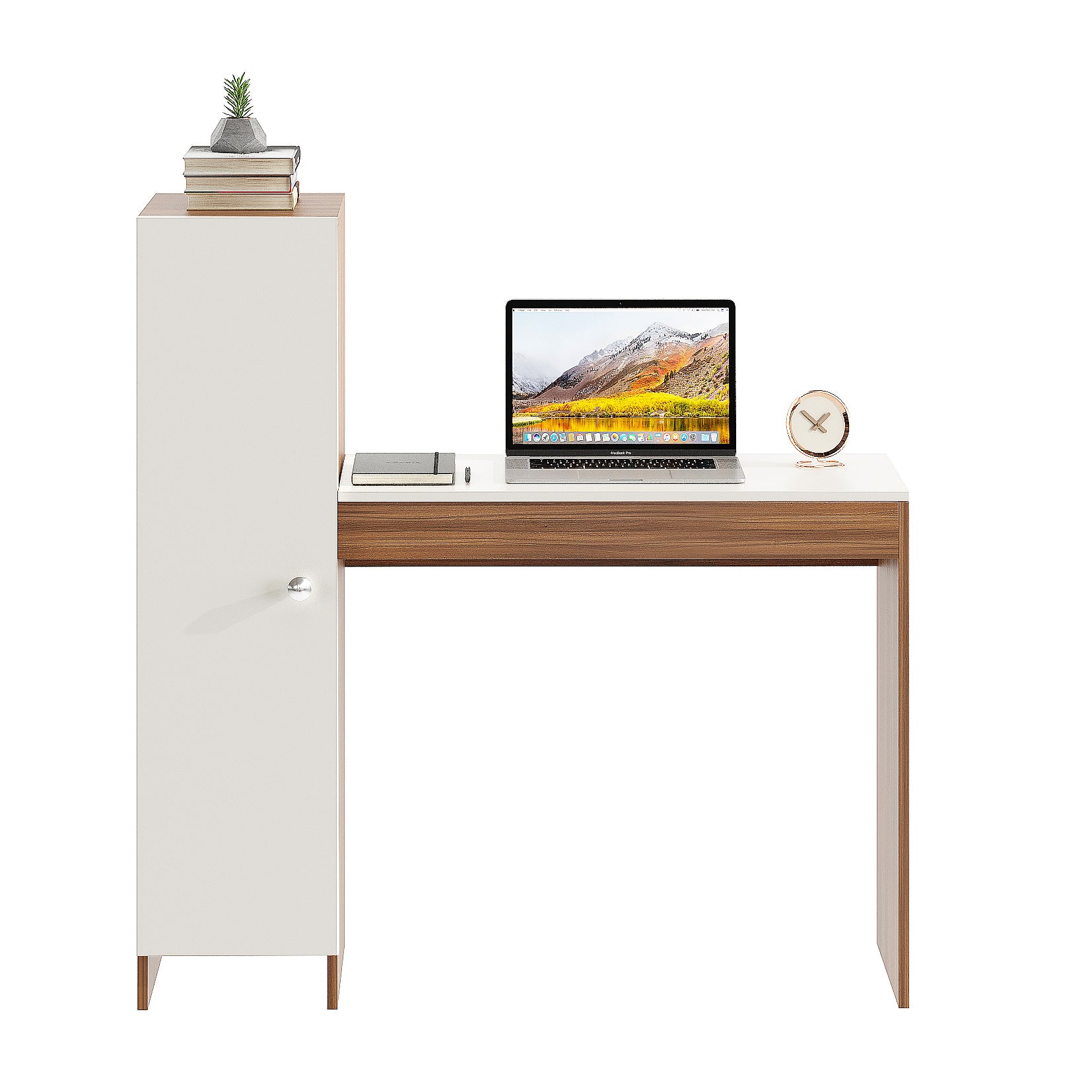 WOODWIDER Maria Wooden Study Table, Workstation, Computer, Laptop, WFH Office Desk, Gaming Table with Side Bookshelf Storage (Exotic Teak & White)