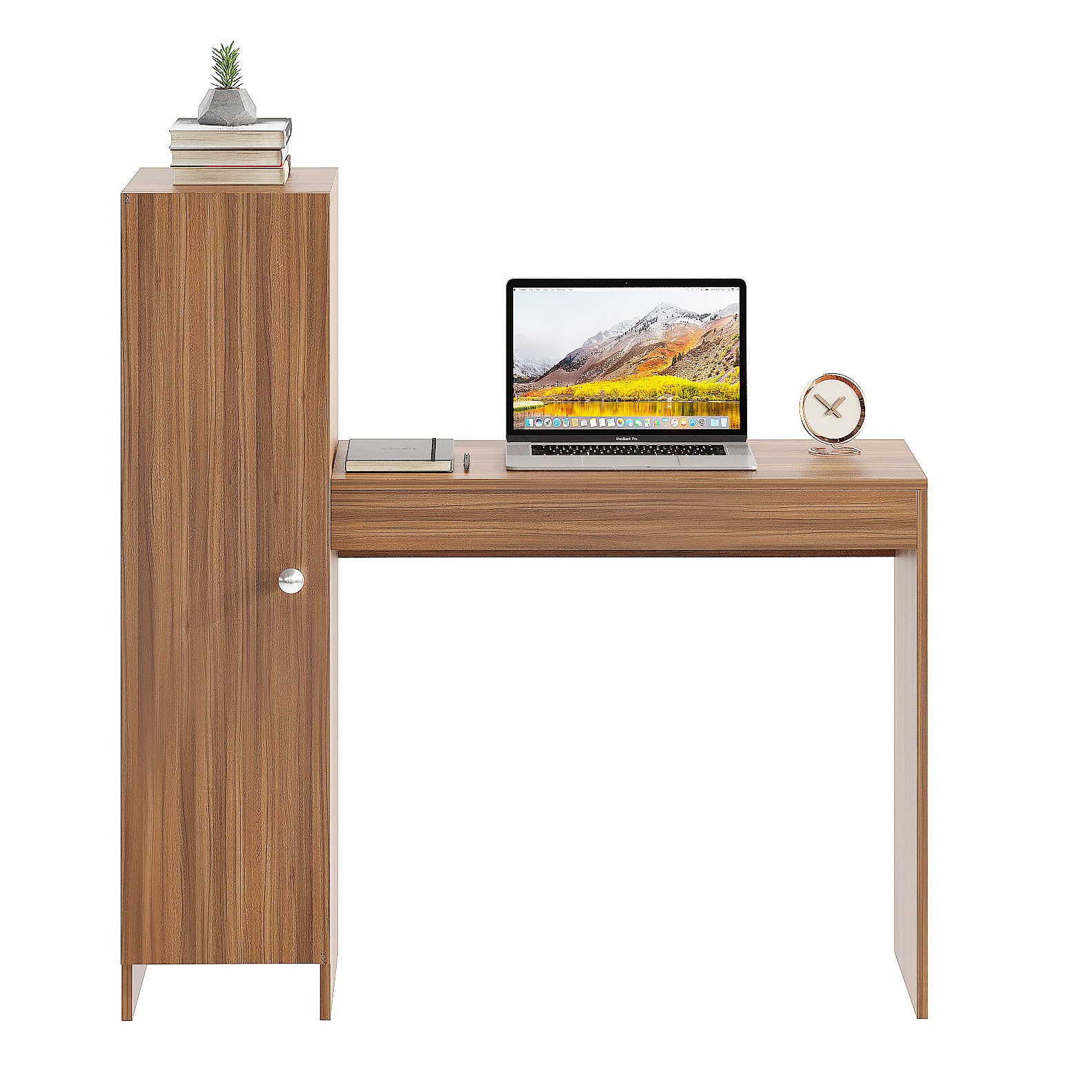 Woodwider Maria Wooden Study Table, Workstation, Computer, Laptop, WFH Office Desk, Gaming Table with Side Bookshelf Storage (Exotic Teak)