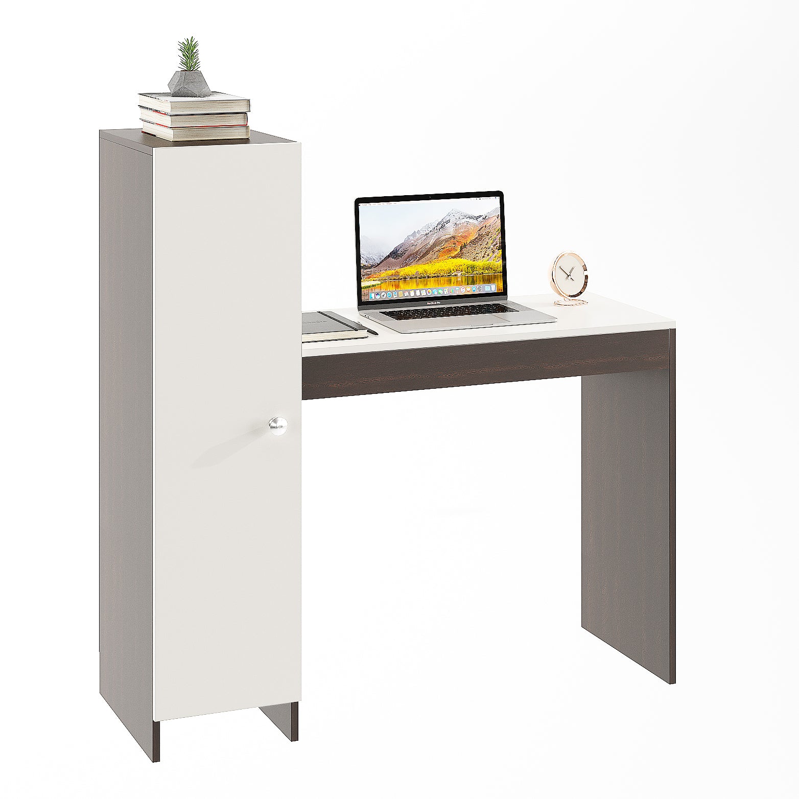WOODWIDER Maria Wooden Study Table, Workstation, Computer, Laptop, WFH Office Desk, Gaming Table with Side Bookshelf Storage (Wenge & White)