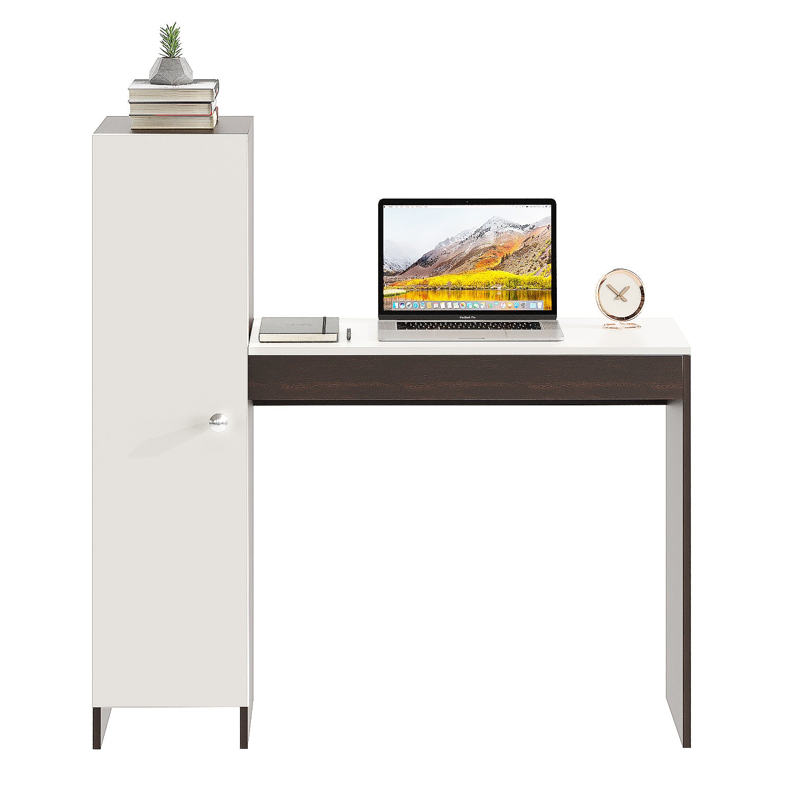 WOODWIDER Maria Wooden Study Table, Workstation, Computer, Laptop, WFH Office Desk, Gaming Table with Side Bookshelf Storage (Wenge & White)