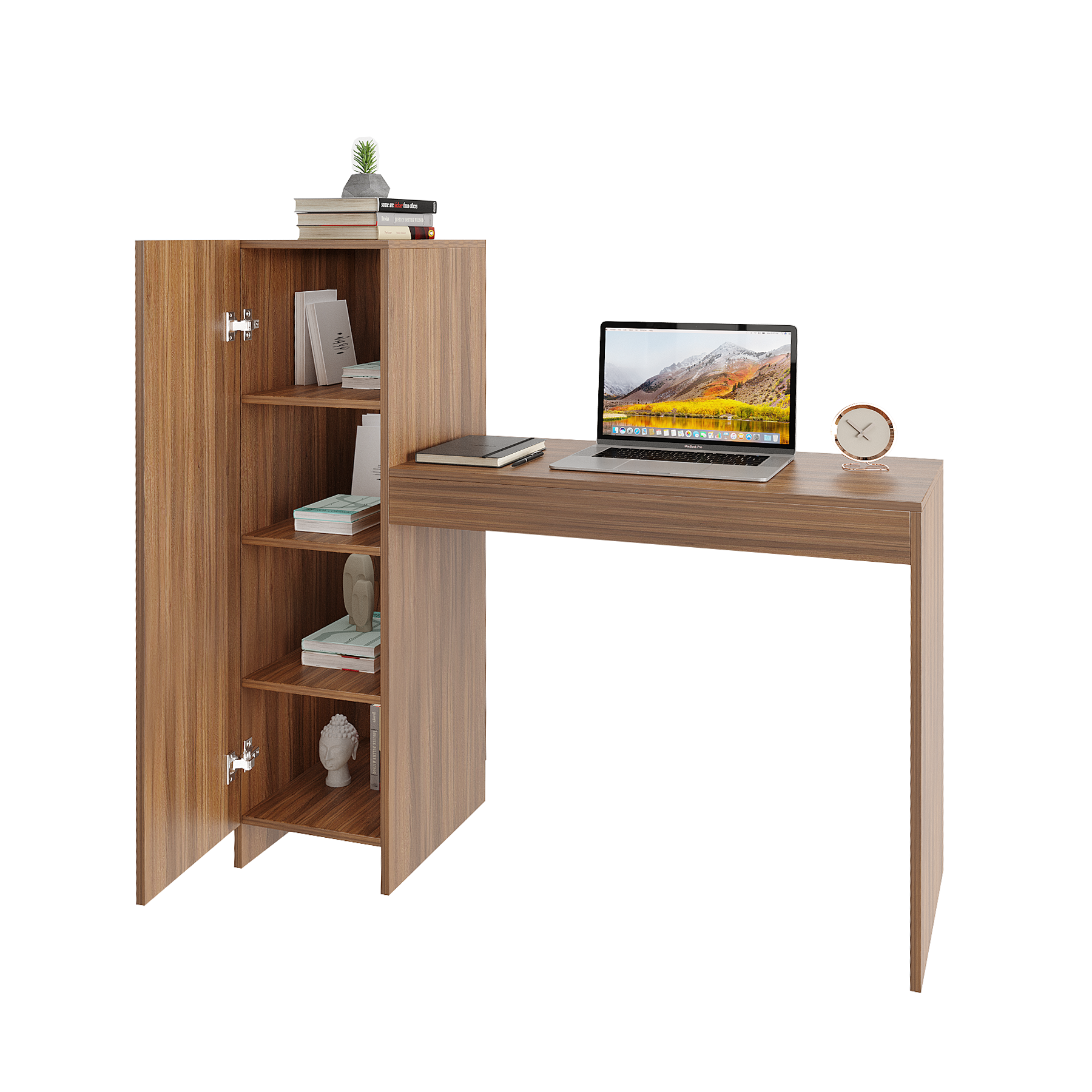 Woodwider Maria Wooden Study Table, Workstation, Computer, Laptop, WFH Office Desk, Gaming Table with Side Bookshelf Storage (Exotic Teak)