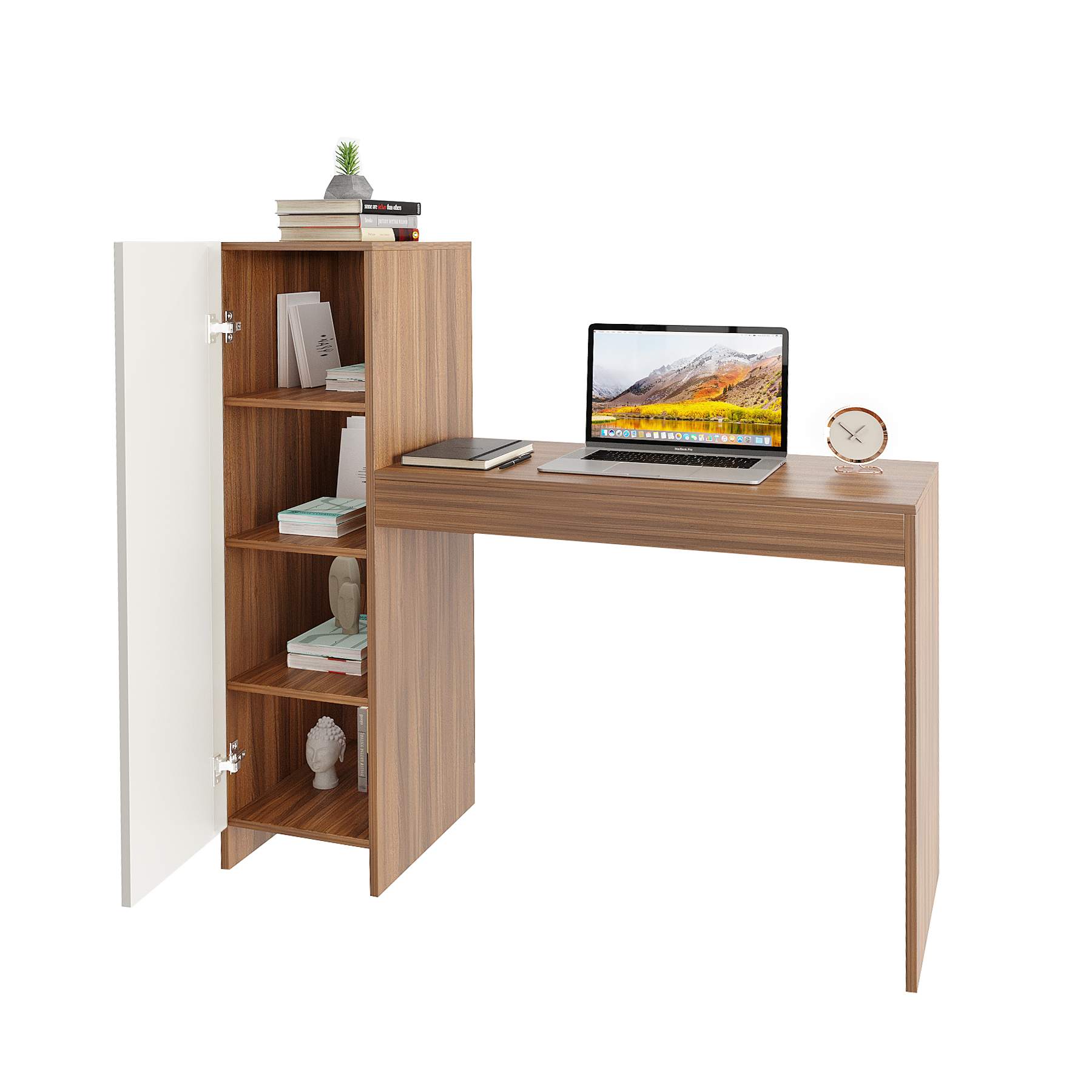 WOODWIDER Maria Wooden Study Table, Workstation, Computer, Laptop, WFH Office Desk, Gaming Table with Side Bookshelf Storage (Exotic Teak & White)