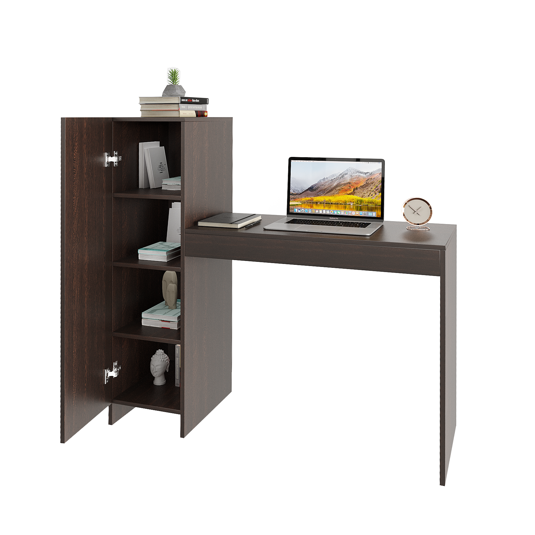 WOODWIDER Maria Wooden Study Table, Workstation, Computer, Laptop, WFH Office Desk, Gaming Table with Side Bookshelf Storage (Wenge)